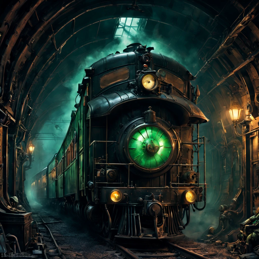 In a deep dark tunnel, Mad Scientist Goblins are building dangerous and scary trains to transport their psychotic goblin kin between the underground cities. These trains are made with intricate details and vibrant colors, showcasing the craftsmanship and creativity of the goblins.
The scene is set in a dimly lit tunnel, with flickering fluorescent lights casting eerie shadows on the walls. The goblins work diligently, their hunchbacked figures hunched over their workstations. Their eyes shine with curiosity and determination as they tinker with the intricate machinery and gears.
The trains themselves are a sight to behold. They have a steampunk aesthetic, with copper pipes, gears, and steam vents dominating the design. The trains emit billows of thick smoke, engulfing the surroundings and adding to the ominous atmosphere.
Each train carriage is adorned with unique and intricate details. There are glowing green orbs that illuminate the interior, casting an otherworldly glow. The metallic surfaces are polished to perfection, reflecting the surrounding environment in a distorted manner.
The trains move on iron tracks that twist and turn, creating a sense of chaos and unpredictability. Sparks fly as the wheels screech against the tracks, adding to the unsettling ambiance. The goblins take pride in their work, ensuring every train is equipped with mechanical gadgets and contraptions that make them even more menacing.
The image quality is of the highest standard, with ultra-detailed visuals that capture every minute aspect of the scene. The colors are vibrant and vivid, enhancing the overall surreal feeling. The lighting is strategically placed to amplify the shadows and highlights, creating a balanced composition.
In terms of art style, the scene combines the elements of gothic horror and steampunk. The combination creates a unique blend of darkness and intricate machinery, giving the viewer a sense of unease and fascination.
The color palette leans towards cooler tones, with hues of deep blue, green, and purple dominating the scene. However, the trains themselves have accents of copper, brass, and gold, adding warmth and contrast to the overall color scheme.
The lighting in the scene is reminiscent of old gas lamps. Soft, flickering light illuminates specific areas, casting long shadows and creating a mysterious atmosphere. The occasional sparks flying from the trains create brief moments of brightness and excitement amidst the darkness.
Overall, the prompt generates a detailed and immersive image of mad scientist goblins constructing dangerous and scary trains in a deep dark tunnel. The prompt emphasizes the high-quality visuals, art style, color palette, and lighting to enhance the overall impact of the generated image.
