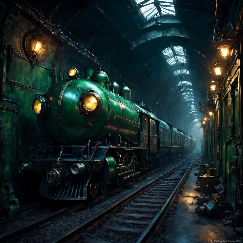 In a deep dark tunnel, Mad Scientist Goblins are building dangerous and scary trains to transport their psychotic goblin kin between the underground cities. These trains are made with intricate details and vibrant colors, showcasing the craftsmanship and creativity of the goblins.

The scene is set in a dimly lit tunnel, with flickering fluorescent lights casting eerie shadows on the walls. The goblins work diligently, their hunchbacked figures hunched over their workstations. Their eyes shine with curiosity and determination as they tinker with the intricate machinery and gears.

The trains themselves are a sight to behold. They have a steampunk aesthetic, with copper pipes, gears, and steam vents dominating the design. The trains emit billows of thick smoke, engulfing the surroundings and adding to the ominous atmosphere.

Each train carriage is adorned with unique and intricate details. There are glowing green orbs that illuminate the interior, casting an otherworldly glow. The metallic surfaces are polished to perfection, reflecting the surrounding environment in a distorted manner.

The trains move on iron tracks that twist and turn, creating a sense of chaos and unpredictability. Sparks fly as the wheels screech against the tracks, adding to the unsettling ambiance. The goblins take pride in their work, ensuring every train is equipped with mechanical gadgets and contraptions that make them even more menacing.

The image quality is of the highest standard, with ultra-detailed visuals that capture every minute aspect of the scene. The colors are vibrant and vivid, enhancing the overall surreal feeling. The lighting is strategically placed to amplify the shadows and highlights, creating a balanced composition.

In terms of art style, the scene combines the elements of gothic horror and steampunk. The combination creates a unique blend of darkness and intricate machinery, giving the viewer a sense of unease and fascination.

The color palette leans towards cooler tones, with hues of deep blue, green, and purple dominating the scene. However, the trains themselves have accents of copper, brass, and gold, adding warmth and contrast to the overall color scheme.

The lighting in the scene is reminiscent of old gas lamps. Soft, flickering light illuminates specific areas, casting long shadows and creating a mysterious atmosphere. The occasional sparks flying from the trains create brief moments of brightness and excitement amidst the darkness.

Overall, the prompt generates a detailed and immersive image of mad scientist goblins constructing dangerous and scary trains in a deep dark tunnel. The prompt emphasizes the high-quality visuals, art style, color palette, and lighting to enhance the overall impact of the generated image.
