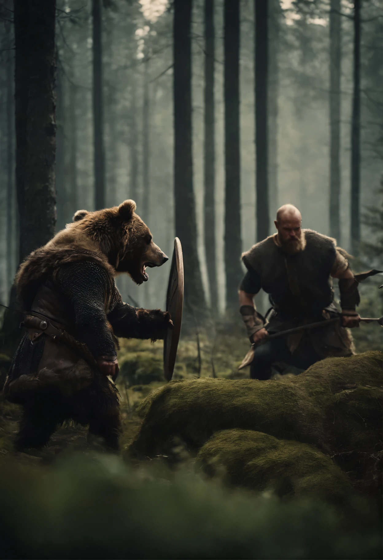 vikings fighting against a bear in a florest
