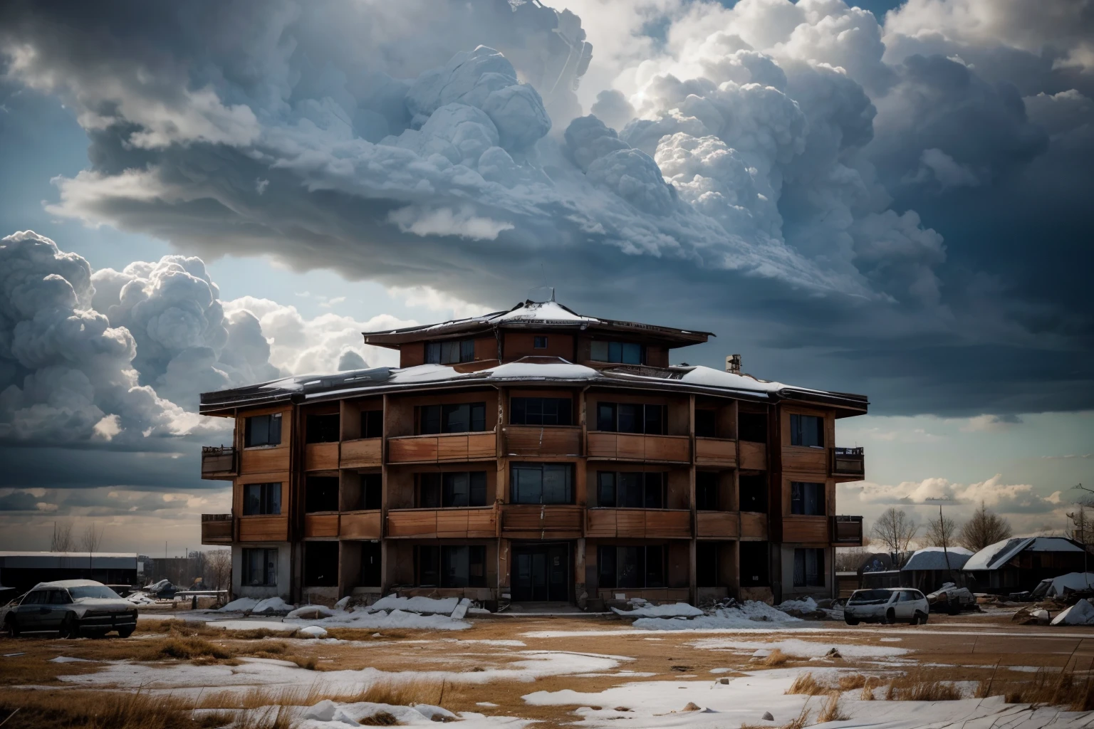 [post-apocalyptic building : snowforest: 19], cloudy sky, viewed from front