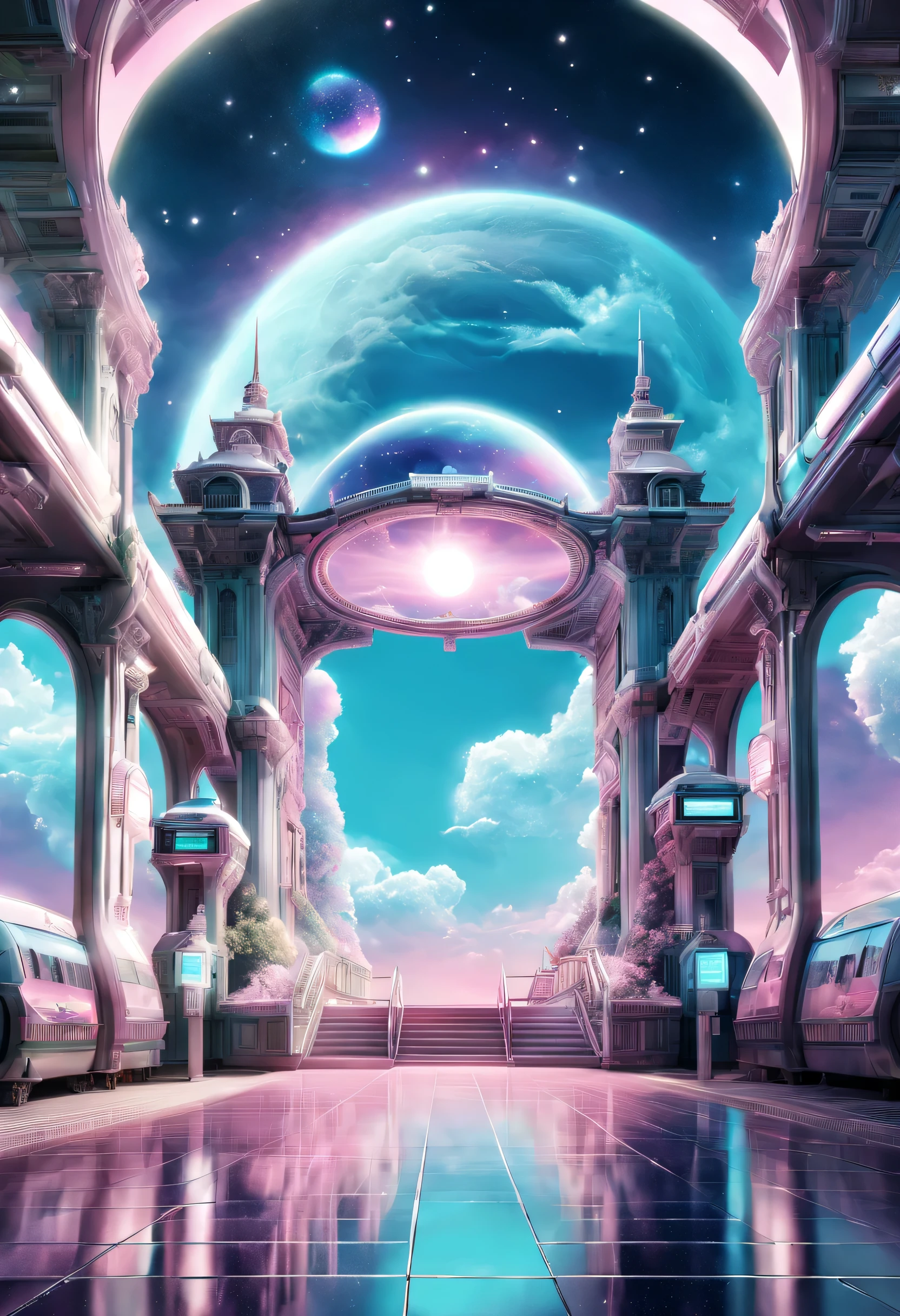 Station to heaven,vaporwave style,, Beautiful and meticulous