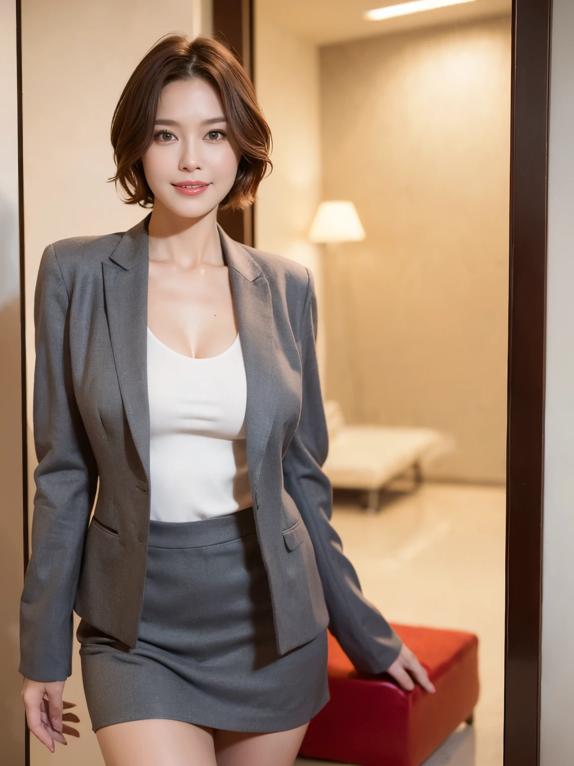 masterpiece,highest quality, (1 milf、42 years old), ((close:0.5)), ((Cross Arm)), glare, gray blazer, white shirt, double eyelid, eyelash, lip gloss, (smile:1), ((close your eyes:0.85)), ((looking at the viewer、The whole body is reflected、Are standing)), to be born, (From above:0.2), ((no one)), (office)、(knee length、knee high boots)、Depth of written boundary、尖ったred mouth、(reddish brown wet shiny short hair,,,,,,,,,),red mouth,clavicle、full body portrait、digital illustration, (Photoreal:1.3),(RAW photo.)
