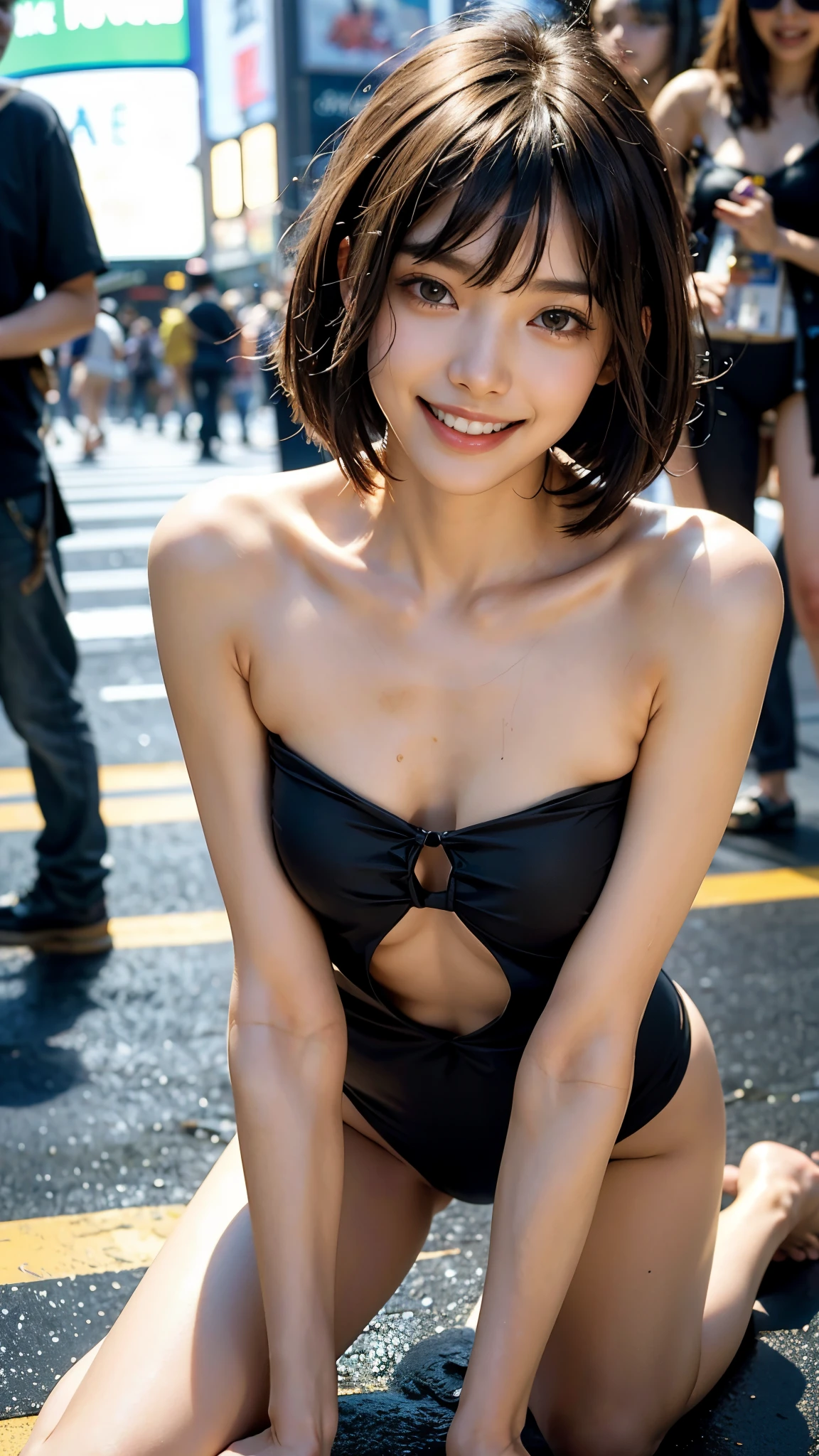 highest quality, masterpiece, ultra high resolution, (realistic:1.4), thin waist,thin legs,Thin and beautiful arms,beautiful fingers,Because I'm slender,Medium chest,soft chest,(portrait on all fours) RAW photo, 1 girl,20-year-old,((At the crowded Shibuya scramble crossing)),((black sexy swimsuit)),messy hair,((short straight hair jet black hair)),((Bangs short hair)),realistic,picture media chest)),((toothy smile)),((big smile))