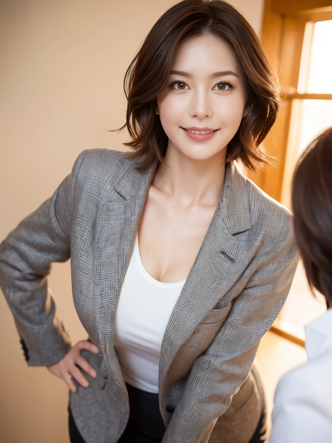 masterpiece,highest quality, (1 milf、42 years old), ((close:0.5)), ((Cross Arm)), glare, gray blazer, white shirt, double eyelid, eyelash, lip gloss, (smile:1), ((close your eyes:0.85)), ((looking at the viewer、The whole body is reflected、Are standing)), to be born, (From above:0.2), ((no one)), （office）、（knee length、knee high boots）、Depth of written boundary、尖ったred mouth、(reddish brown wet shiny short hair,,,,,,,,,),red mouth,clavicle、full body portrait、digital illustration, (Photoreal:1.3),(RAW photo.)
