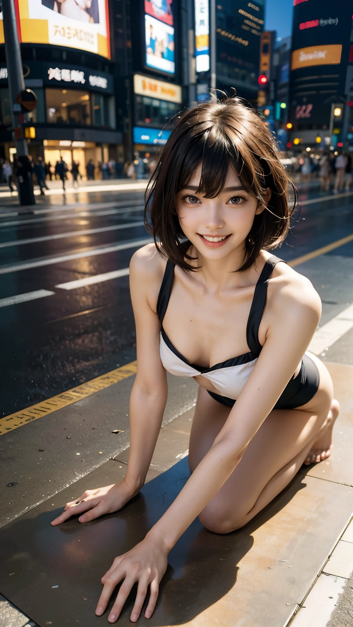 highest quality, masterpiece, ultra high resolution, (realistic:1.4), thin waist,thin legs,Thin and beautiful arms,beautiful fingers,Because I'm slender,Medium chest,soft chest,(portrait on all fours) RAW photo, 1 girl,20-year-old,((At the crowded Shibuya scramble crossing)),((black sexy swimsuit)),messy hair,((short straight hair jet black hair)),((Bangs short hair)),realistic,picture media chest)),((toothy smile)),((big smile))