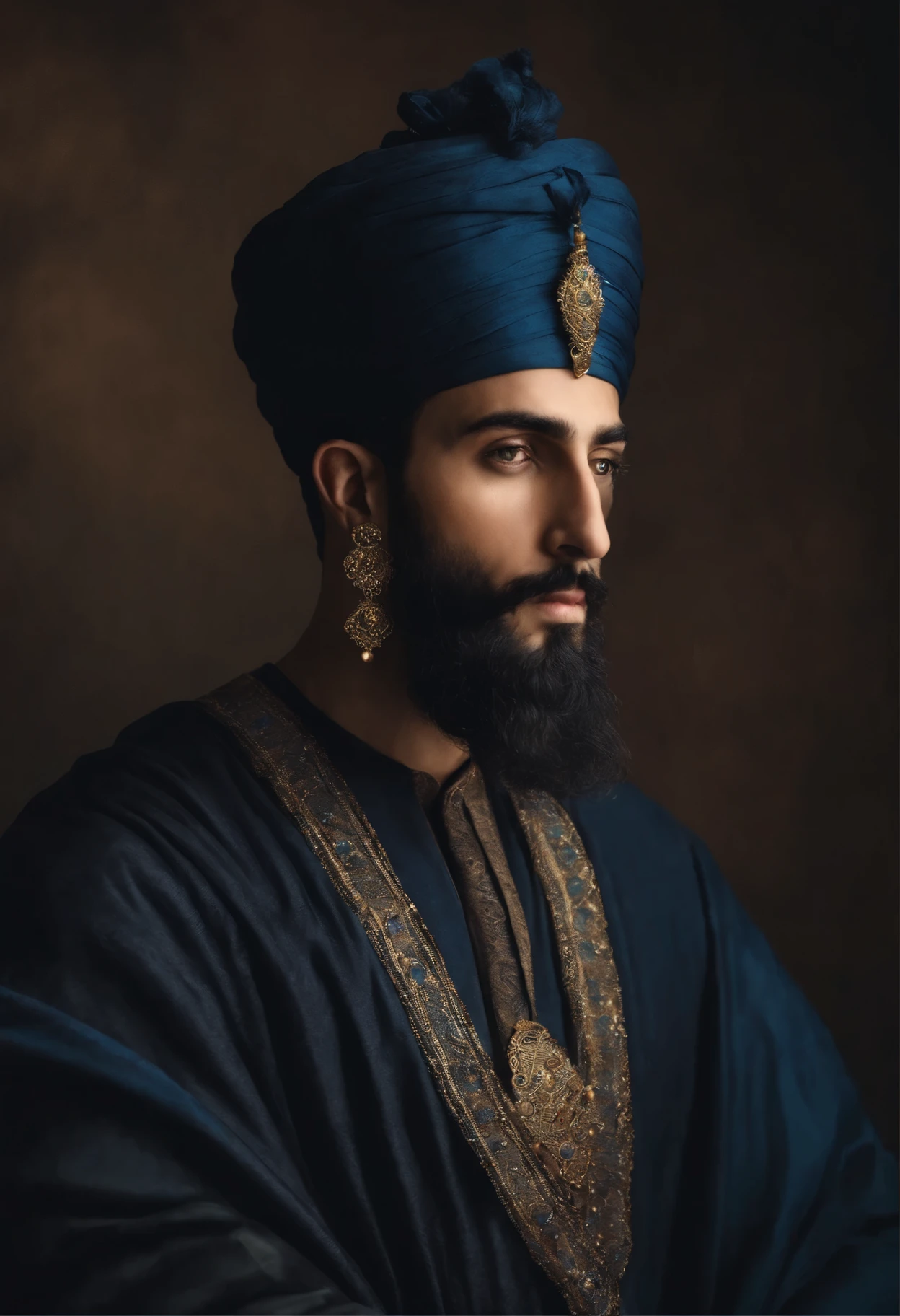 A man with dark blue hair wearing noble clothes in the Abbasid era, the second century of the last century