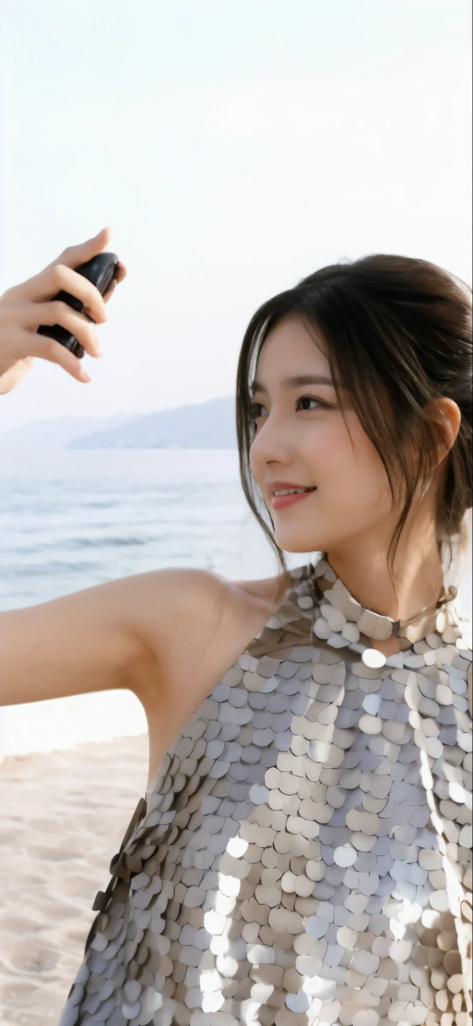 ((Masterpiece, Top image quality, high resolution、alone、skin shiny))(on the table, best quality, actual, super detailed, meticulous, high resolution, 8k wallpaper),huge breasts, Close-up portrait of a beautiful woman, like, smiling, light brown messy hair, Perfect dynamic composition, 美丽meticulous的眼睛, Just like the cover of a fashion magazine, on campus,Gorgeous costumes,hot stamping clothing,One of them is wearing a pink tulle dress,long black hair、8-year-old girl wearing pink bow hairpin sitting on the ground holding balloons,The white buds do not exceed the knees,girl'bedroom,pink girl'Room decoration。