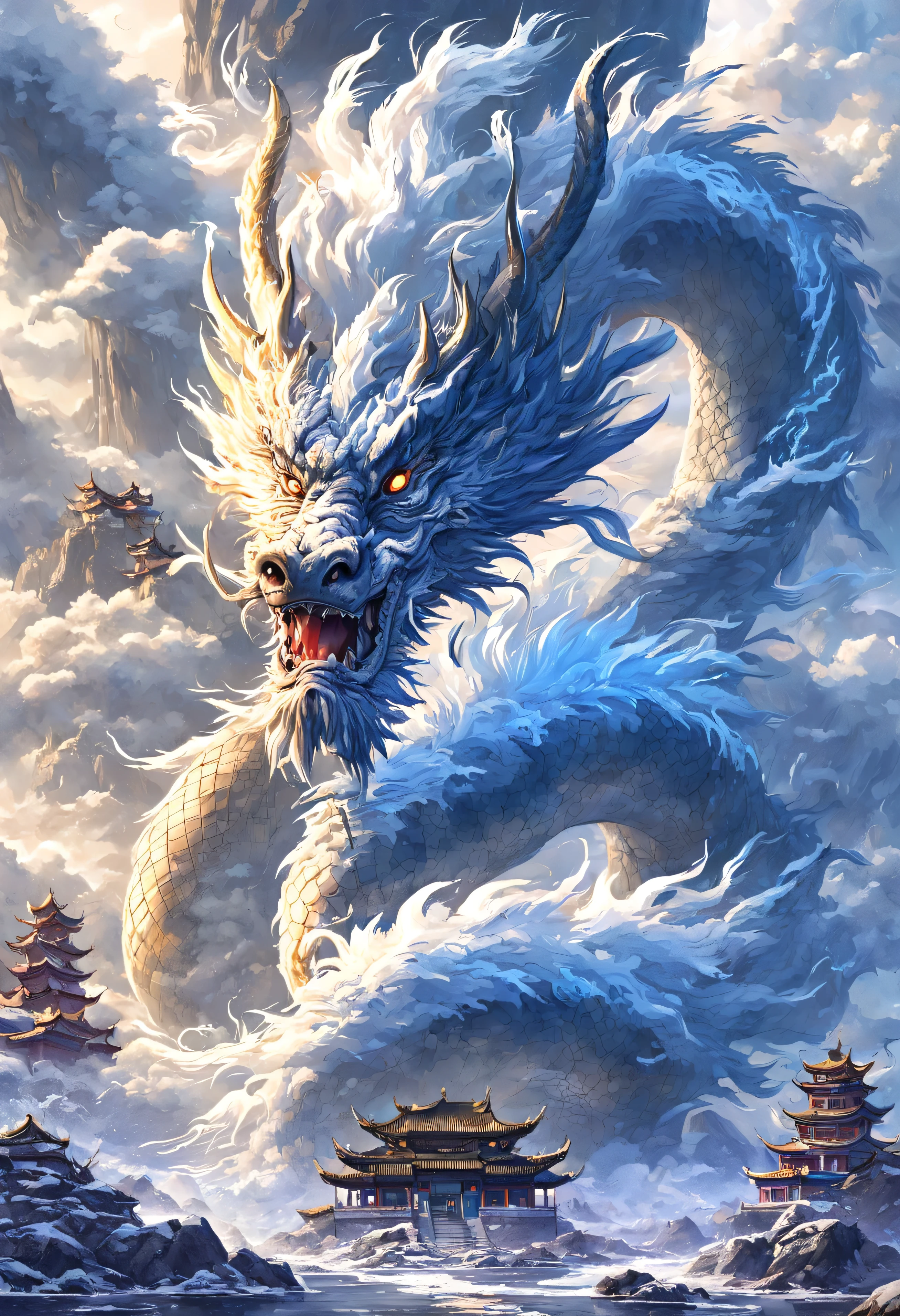 Arian landscape,in fantasy world,Chinese traditional architecture,  dragon，snow，cloud,ocean,Sky,Mountain, thunder，{One head}