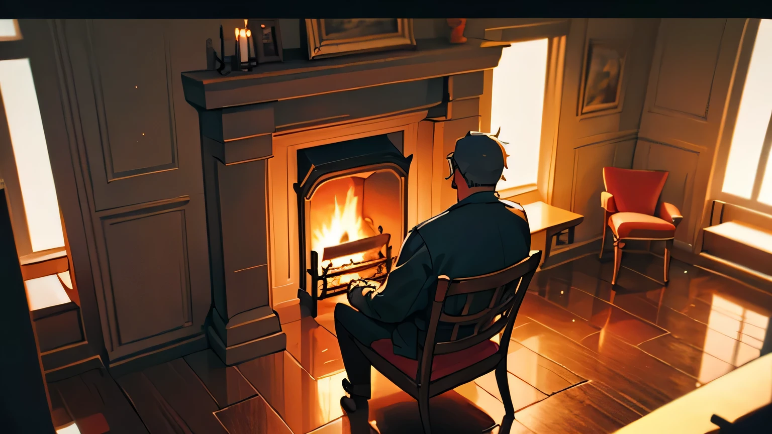 Fireplace, chair, middle aged man(in the back)