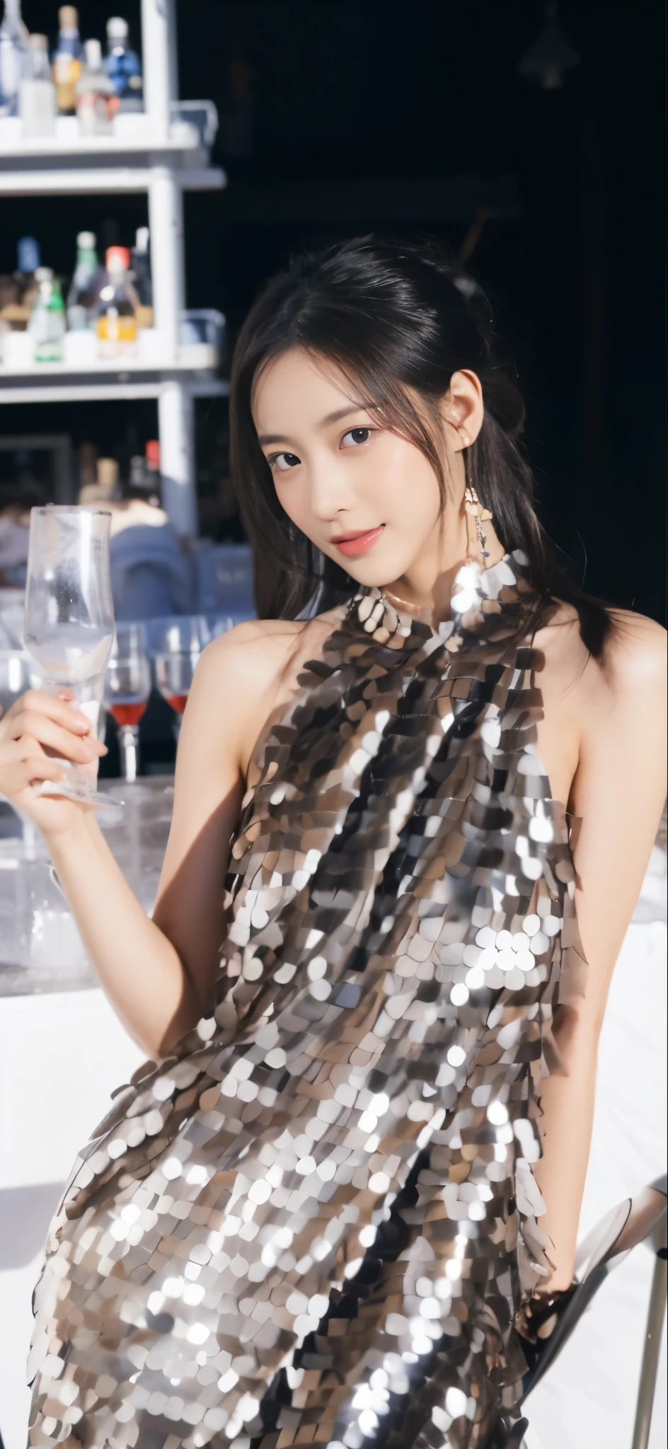 highest quality,whole body,woman,Blunt bangs,Black Hair,Short Crop Hair,Shiny Hair,With big eyes、tea,bright、Has a lively expression,健康的でbright肌の色,Small Mouth,Thick lips,Big Breasts,The thighs are a little thicker,Looking at the camera,Cinema Lighting,Sleeveless dress,Small Ass,hair band,
