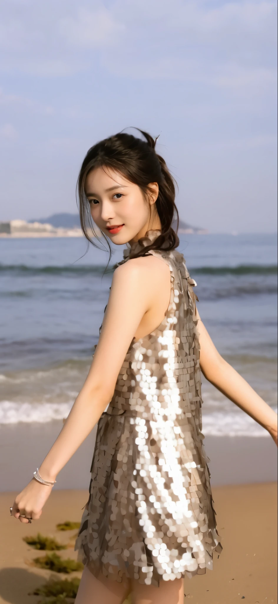 ((Masterpiece, Top image quality, high resolution、alone、skin shiny))(on the table, best quality, actual, super detailed, meticulous, high resolution, 8k wallpaper),huge breasts, Close-up portrait of a beautiful woman, like, smiling, light brown messy hair, Perfect dynamic composition, 美丽meticulous的眼睛, Just like the cover of a fashion magazine, on campus,Gorgeous costumes,hot stamping clothing,One of them is wearing a pink tulle dress,long black hair、8--old l wearing pink bow hairpin sitting on the ground holding balloons,The white buds do not exceed the knees,girl'bedroom,pink girl'Room decoration。