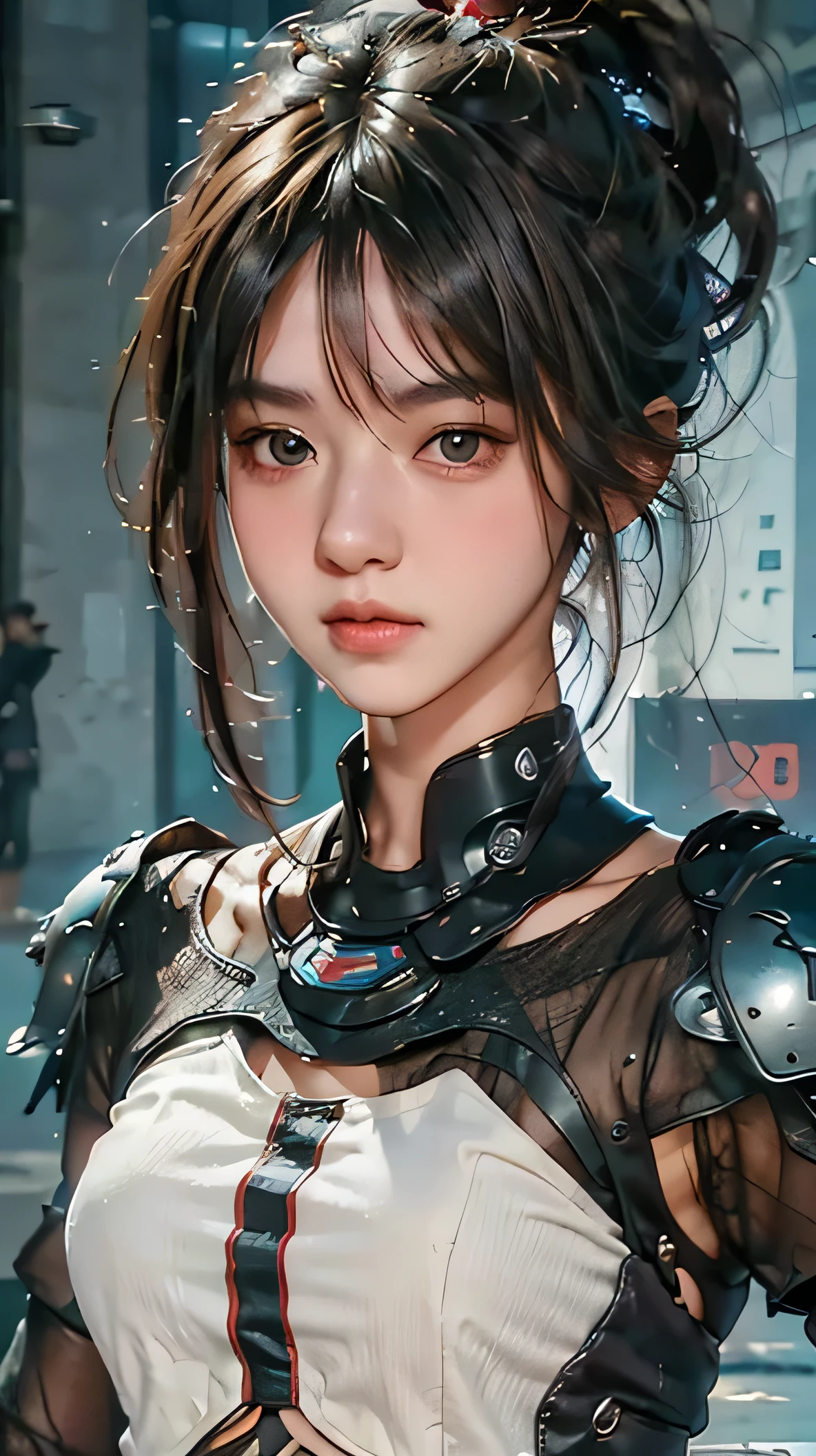 tmasterpiece,Best quality,A high resolution,8K,(Portrait photograph:1.5),(ROriginal photo),real photograph,digital photography,(Combination of cyberpunk and fantasy style),(Female soldier),20 year old girl,random hair style,By bangs,(Red eyeigchest, accessories,Keep one's mouth shut,elegant and charming,Serious and arrogant,Calm and handsome,(Cyberpunk combined with fantasy style clothing,Openwork design,joint armor,Combat uniformposing your navel,Photo pose,Realisticstyle,gray world background,oc render reflection texture