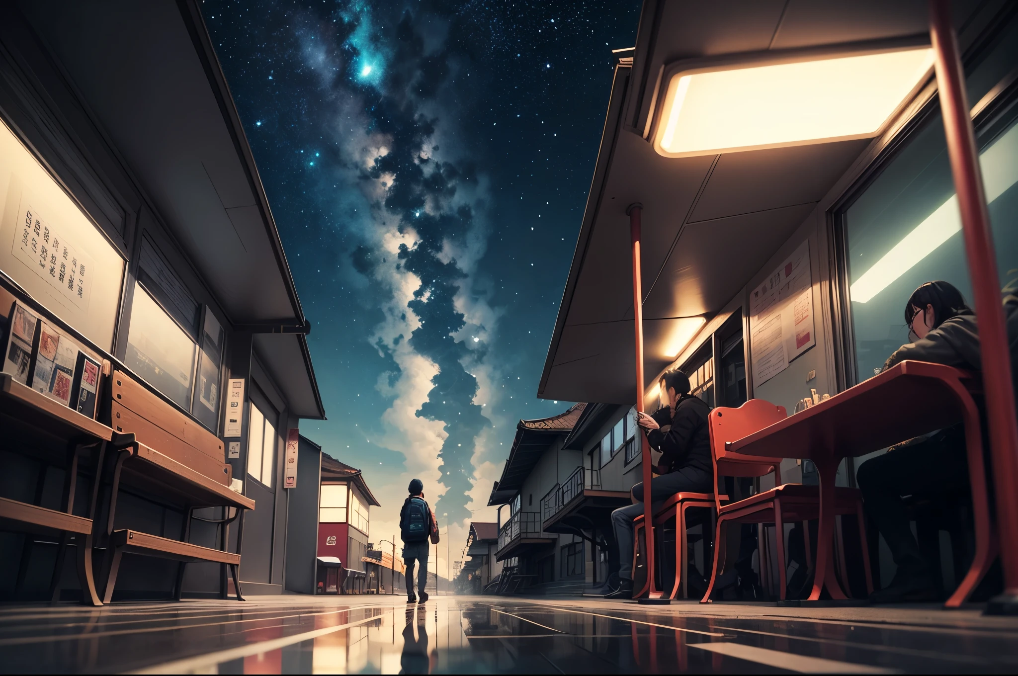 bus stop，comics， bright starry sky. high saturation，Bright colors， Xin Haicheng&#39;s pictures, pure, concept art, Lofi Art style, reflection. author：Xin Haicheng, Lofi Art, Beautiful anime scene, anime scenery, Detailed Landscape—Width 672, Xin Haicheng&#39;s style, Xin Haicheng的風格, Enhance details.