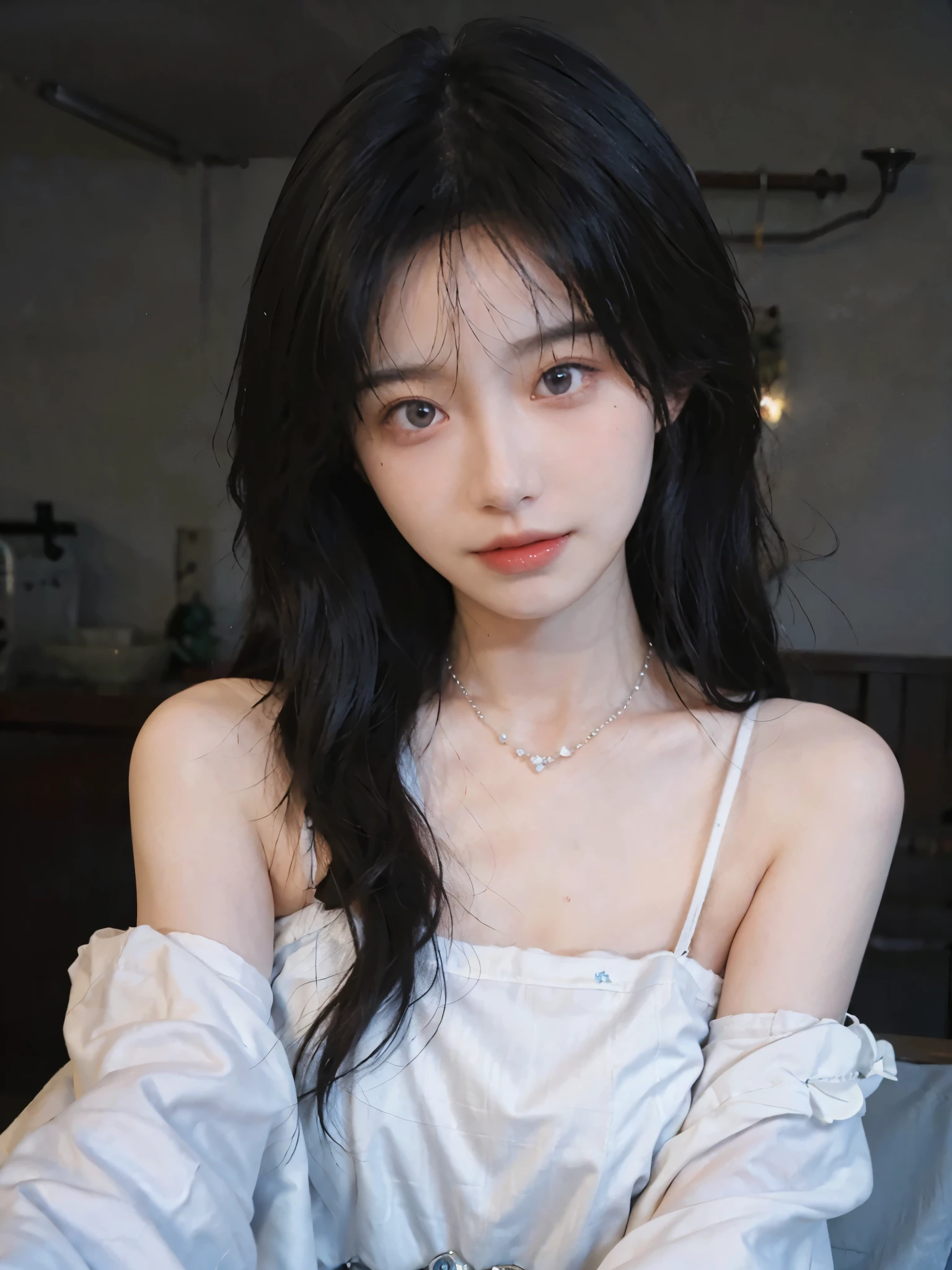 Film portrait photography, 2 girls, bare shoulders, Shoulder length wavy hair, white coat,Snow white sling, Gemstone necklace,(Realistic and detailed eyes, natural skin texture, Realistic facial details),, depth of field, Bokeh, Vibrant details, Detailed and detailed, Surrealism, 35mm film, hazy, ,Selfie,
