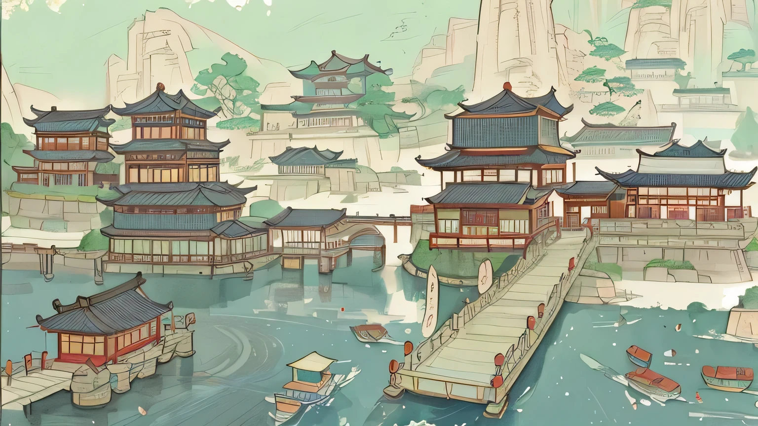 Illustration of Chinese village with bridge and boats, ancient chinese art style, Beautiful renderings of the Tang Dynasty, A beautiful artistic illustration, Dream China Town, Chinese style, Chinese painting style, Detailed Landscape - Width 672, Chinese watercolor style, landscape artwork, by Ren Renfa, Chinese traditional art, In line with ancient Chinese aesthetics, by Yan Hui