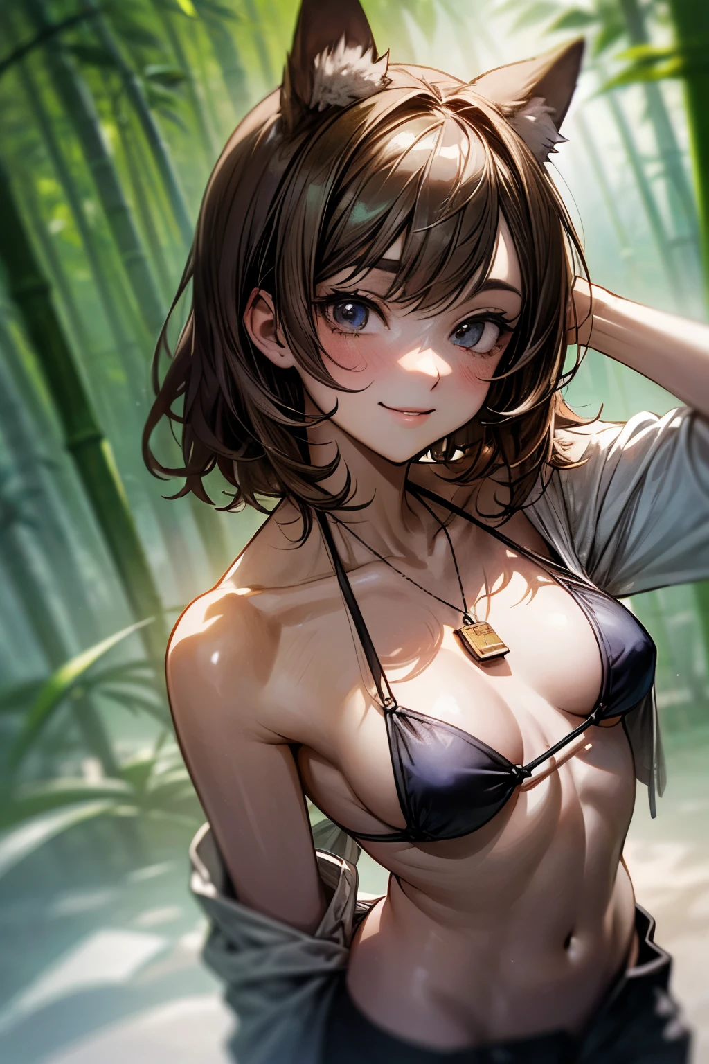 ((Masterpiece)), (Anime:1.5), ((best quality)), (RAW photo:1.2), (High Definition:1.3), (Professional Photography:1.2), (chromatic aberration), 1girl, (()), (very smirk), upper body, looking at viewer, side tied bikini top, O-ring, unruly hair, medium hair, ((pants pull up)), dog tag, pale brown hair, (small breast), cute hip, (paw pose), (inside the beautiful bamboo forrest), (mist effect:1.3),