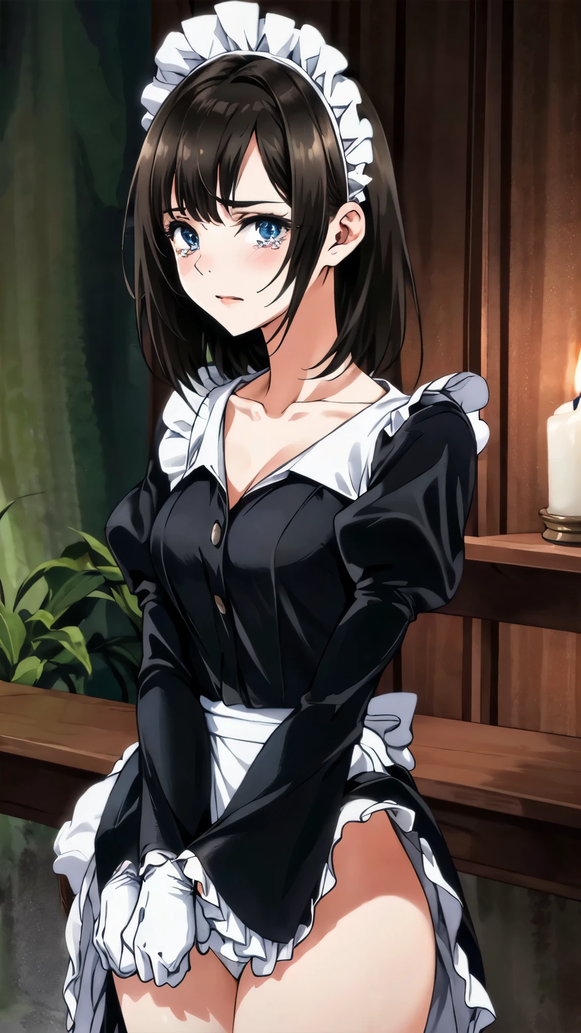 (masterpiece:1.2, top-quality, ultra high res, ultra detailed), (realistic, photorealistic:1.4), beautiful illustration, (natural side lighting, movie lighting), depth of fields, colorful, 
looking at viewer, (full body, front view), 1 girl, maid, 20 years old, expressive eyes, perfect eyes, perfect face, (perfect anatomy), cute and symmetrical face, 
(short hair:1.2, straight hair:1.2, brown hair), bangs, blue eyes, long eye lasher, (medium breasts), perfect balance, white skin, shiny skin, slender, bottomless, 
beautiful hair, beautiful face, beautiful detailed eyes, beautiful clavicle, beautiful body, beautiful chest, beautiful thigh, beautiful legs, (detailed cloth texture), 
(((closed shirt), puffy sleeves, long sleeves, black shirt, black skirt, maid headdress, white short gloves, white short socks, black ****ta shoes), white panty), 
(beautiful scenery), evening, (basement, candles, sticking table, crucifixion), (standing, spread arms, arms bontage), (look down on with disdain, innocent big eyes:1.0, close mouth, tears), 