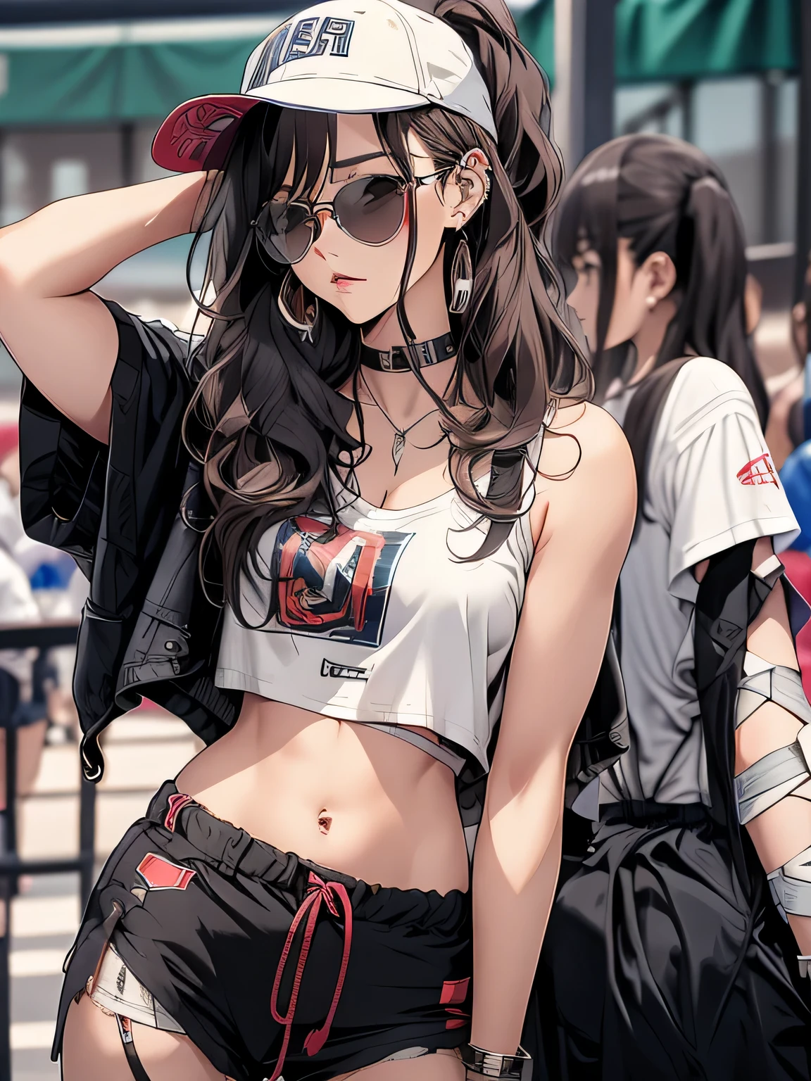 masterpiece, highest quality, pixiv, cool girl, the strongest sports girl, basketball, Popular characters, baseball cap, Stylish sunglasses, Cute bra and panties, dark brown hair, curly hair, dull bangs, straight bangs, gray eyes, white skin, gal, Improve