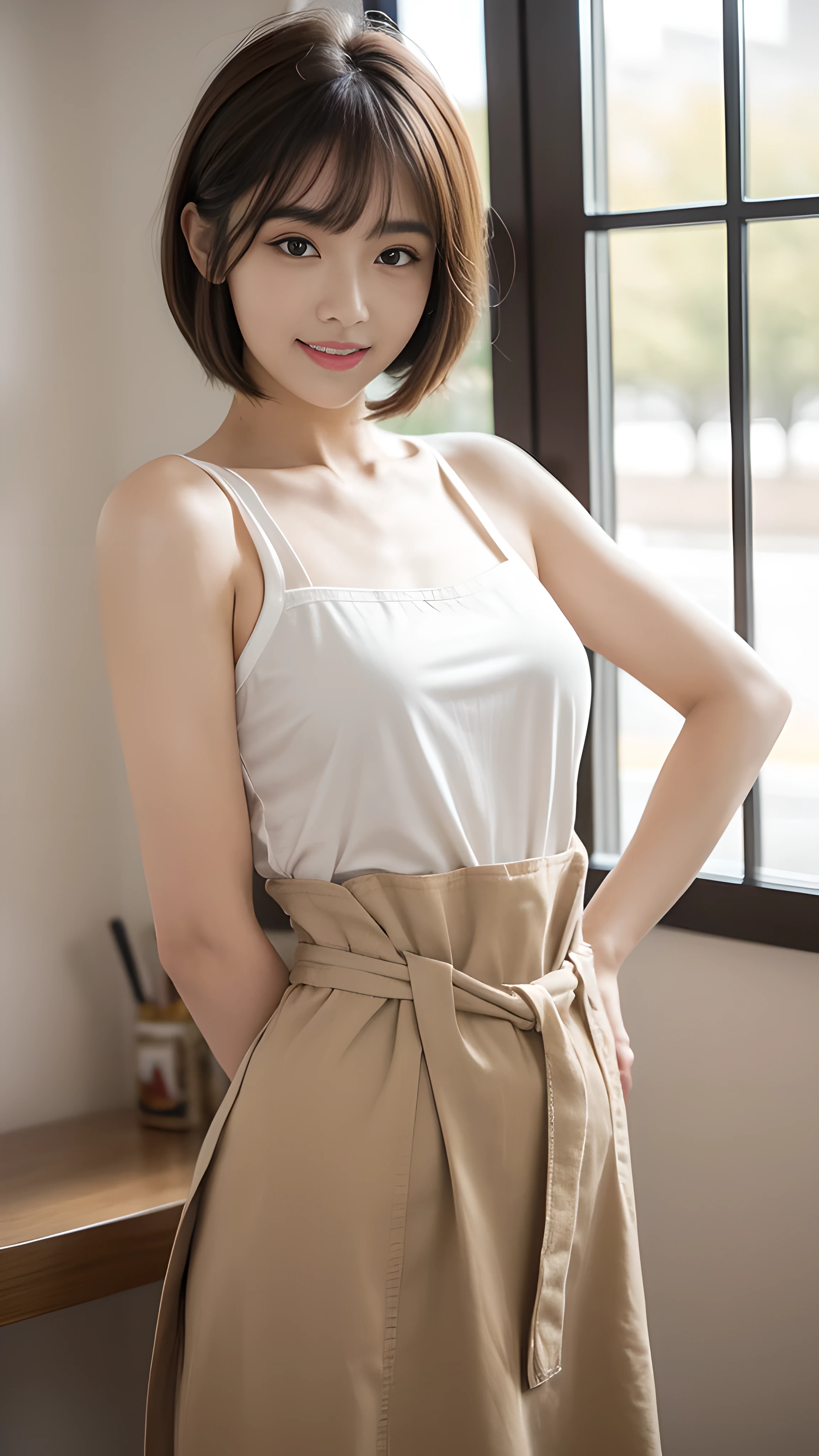 High resolution, Super detailed, Highly detailed CG Unity 8k wallpaper, realistic, photo-realistic, RAW photo, beautiful and detailed face, white skin, realistic skin, fine fabric texture, detailed hair texture, perfect proportions, beautiful face, Accurate, anatomically correct, Highly detailed face and skin texture, natural neck length, (beautiful hand air skin:1.2), thin legs, thin legs, fine eyes, symmetrical eyes, light brown eyes, double eyelid, thin eyebrows, (glossy lips:1.4), (goddess smile:1.2),
break,
(classy and cute girl:1.3),
(medium big breasts), (slender body shape:1.2),
(Hair color is random, hair length is random, Hairstyle is random), (( asymmetrical bangs:1.2)), (upper body shot:1.2),
,bus guide、night、cold winter season、nice random place、outside、The presence or absence of a hat is random..、Naked, wearing only an apron, Apron color is random, but、An apron with a very sophisticated and carefully designed design..、male, (Arms tied behind the waist:1.5)