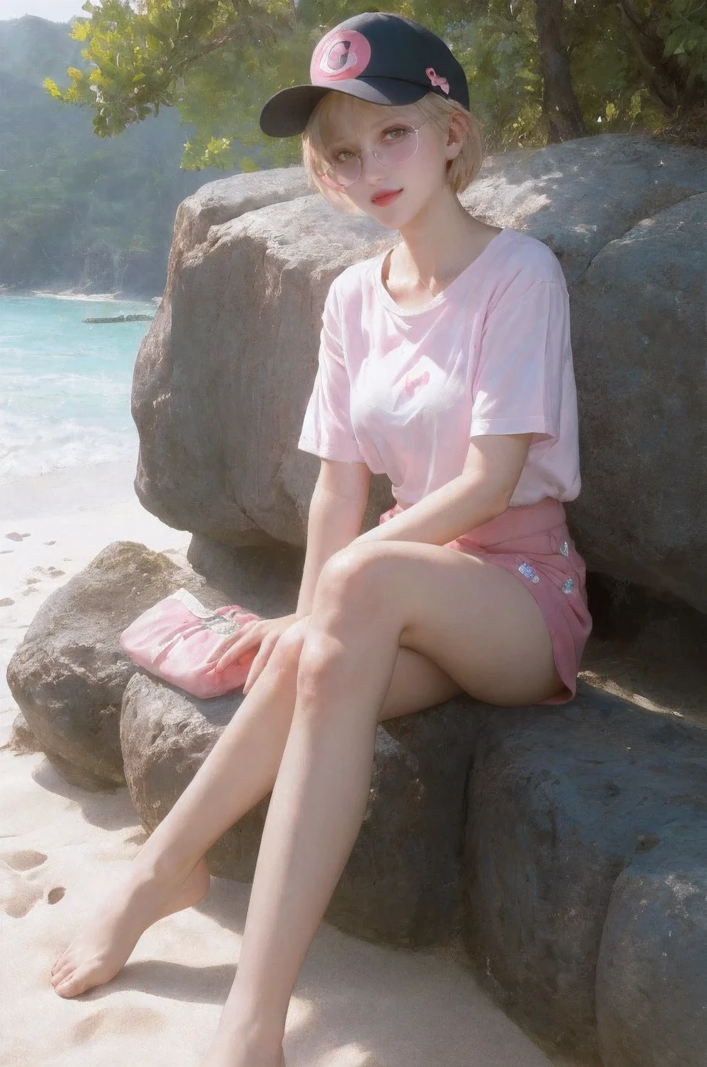 masterpiece, best quality, 1girl, beach, sitting on a beach towel, short hair, glasses, t-shirt, shorts, cap, blush, summer, soda can, bag