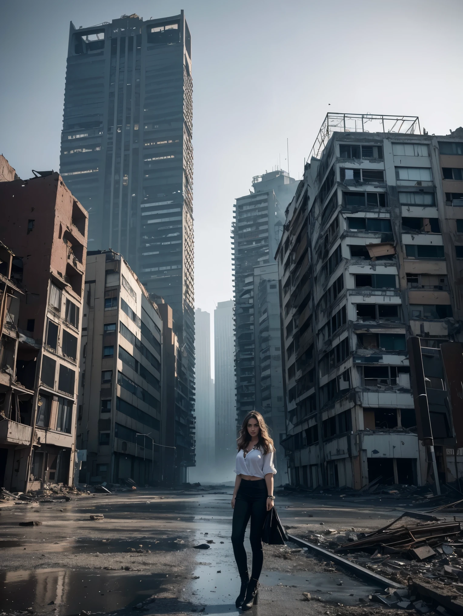 (highres,masterpiece:1.2),ultra-detailed,realistic,photorealistic:1.37,European woman,23 years old,playmate,men magazine model,post apocalyptic world,beautiful detailed eyes,beautiful detailed lips,longeyelashes,sultry expression,dark wavy hair,fit and toned figure,provocative pose in ruins of a city,distorted skyscrapers,piles of rubble,desolate landscape,dusty atmosphere,ruined buildings,mysterious mood,desperation,bold confidence,vintage film grain effect,dramatic lighting,icy blue color scheme.