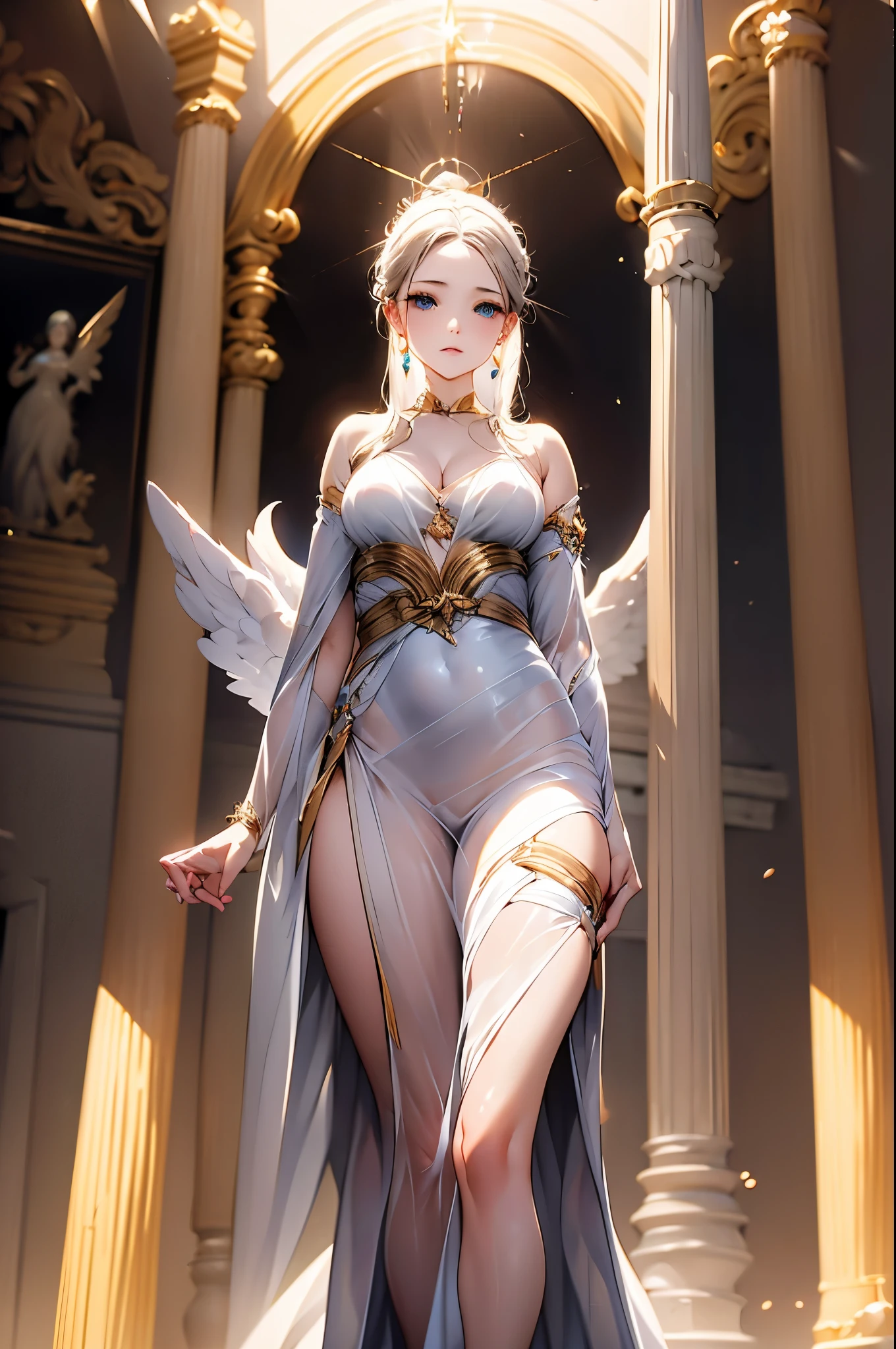 woman, Angel, high quality silk long dress, See-through, transparent, tie hair, palace, masterpiece, very delicate, very detailed, Artistic, Sculptural works, Spotlight, Light bulb color, Enhance contrast, highest quality, best image quality
