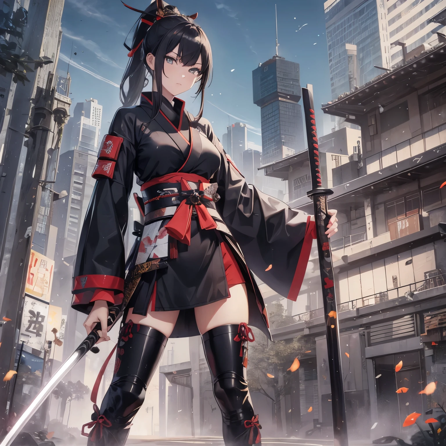 cool, katana, samurai, girl, sharp eyes, sharp focus, masterpiece, highres, absurdres, samurai armor, high ponytail, fullbody shot,