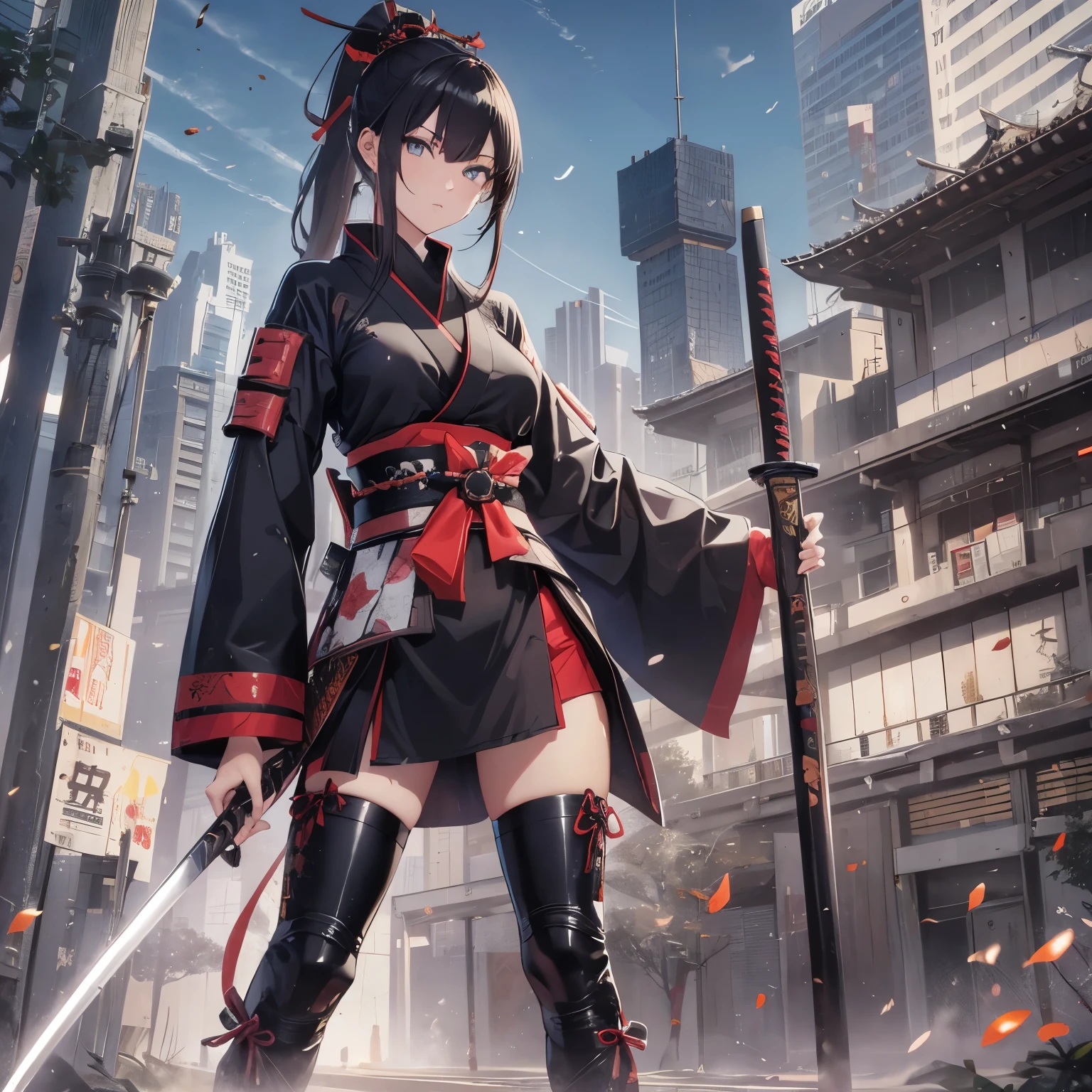cool, katana, samurai, girl, sharp eyes, sharp focus, masterpiece, highres, absurdres, samurai armor, high ponytail, fullbody shot,