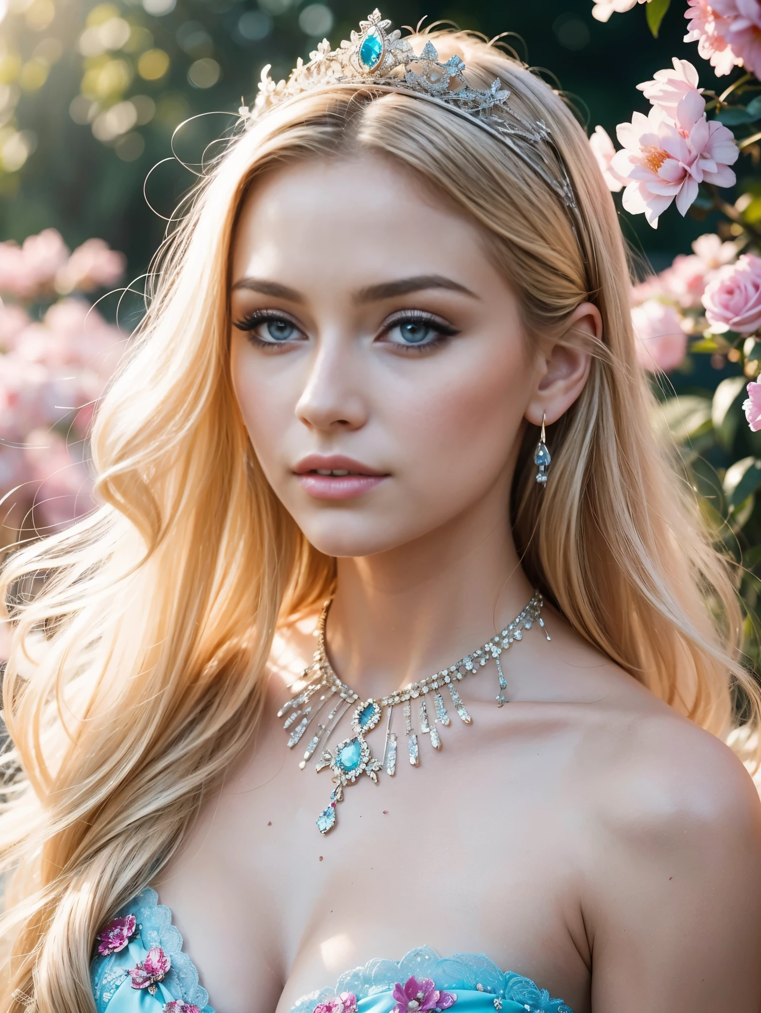 (a)Disney princess Aurora,(a)20-year-old Tatiana Romanova,beautiful detailed eyes,beautiful detailed lips,extremely detailed eyes and face,longeyelashes,(best quality,4k,8k,highres,masterpiece:1.2),ultra-detailed,(realistic,photorealistic,photo-realistic:1.37),oil painting,fair skin,flowing blonde hair with curls and a tiara,stunning dress with intricate floral embroidery,sparkling jewelry,graceful and elegant posture,surrounded by blooming flowers in a vibrant garden,magic glow surrounding her,soft pastel color palette,studio lighting,dreamy and romantic atmosphere.