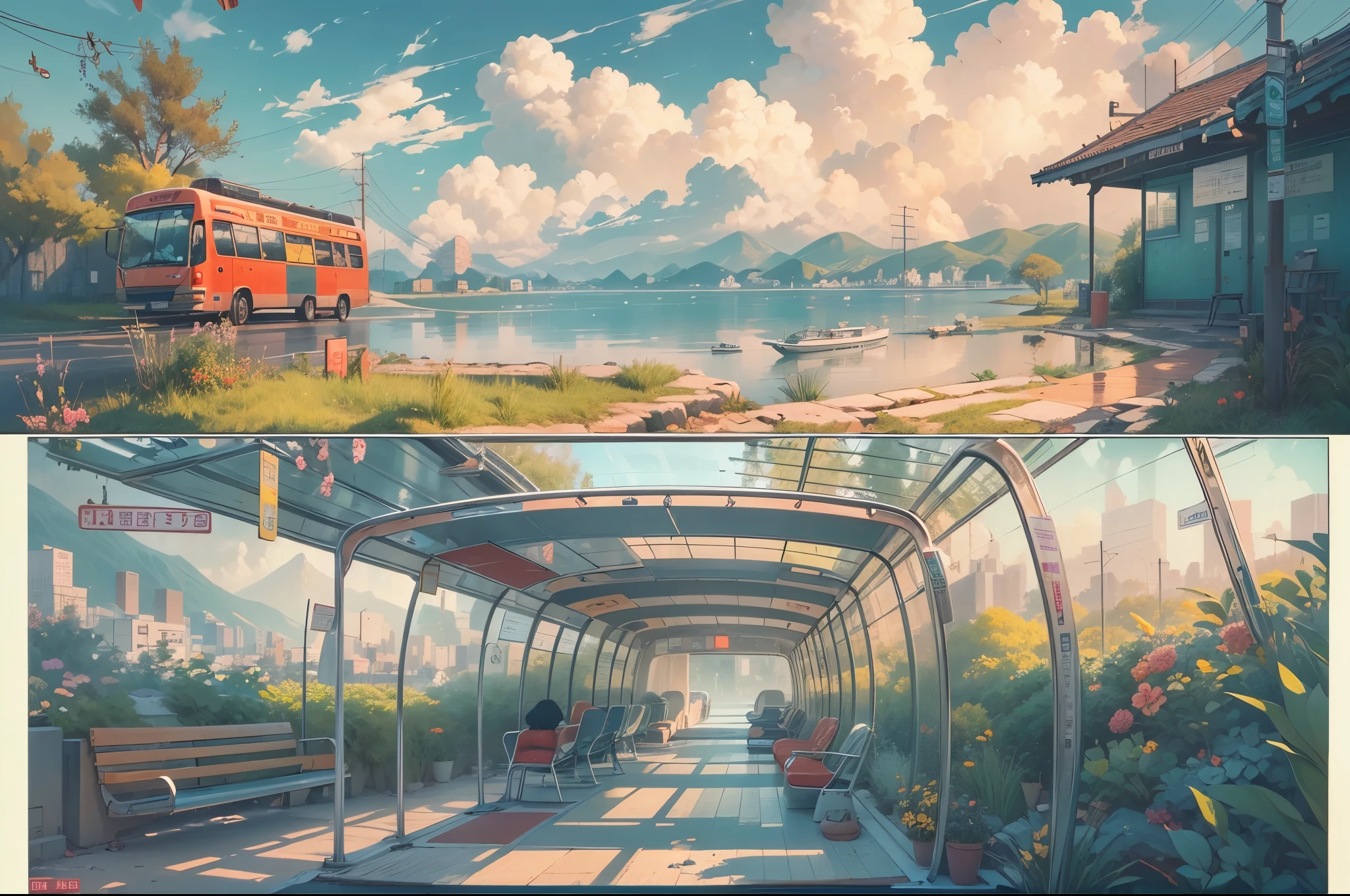 bus stop,comics, bright starry sky. Romantic bus passing through body of water on road,high saturation,Bright colors, Xin Haicheng's pictures, pure, concept art, Lofi Art style, reflection. author:Xin Haicheng, Lofi Art, Beautiful anime scene, anime scenery, Detailed Landscape—Width 672, Xin Haicheng's style, Xin Haicheng的風格, Enhance details.