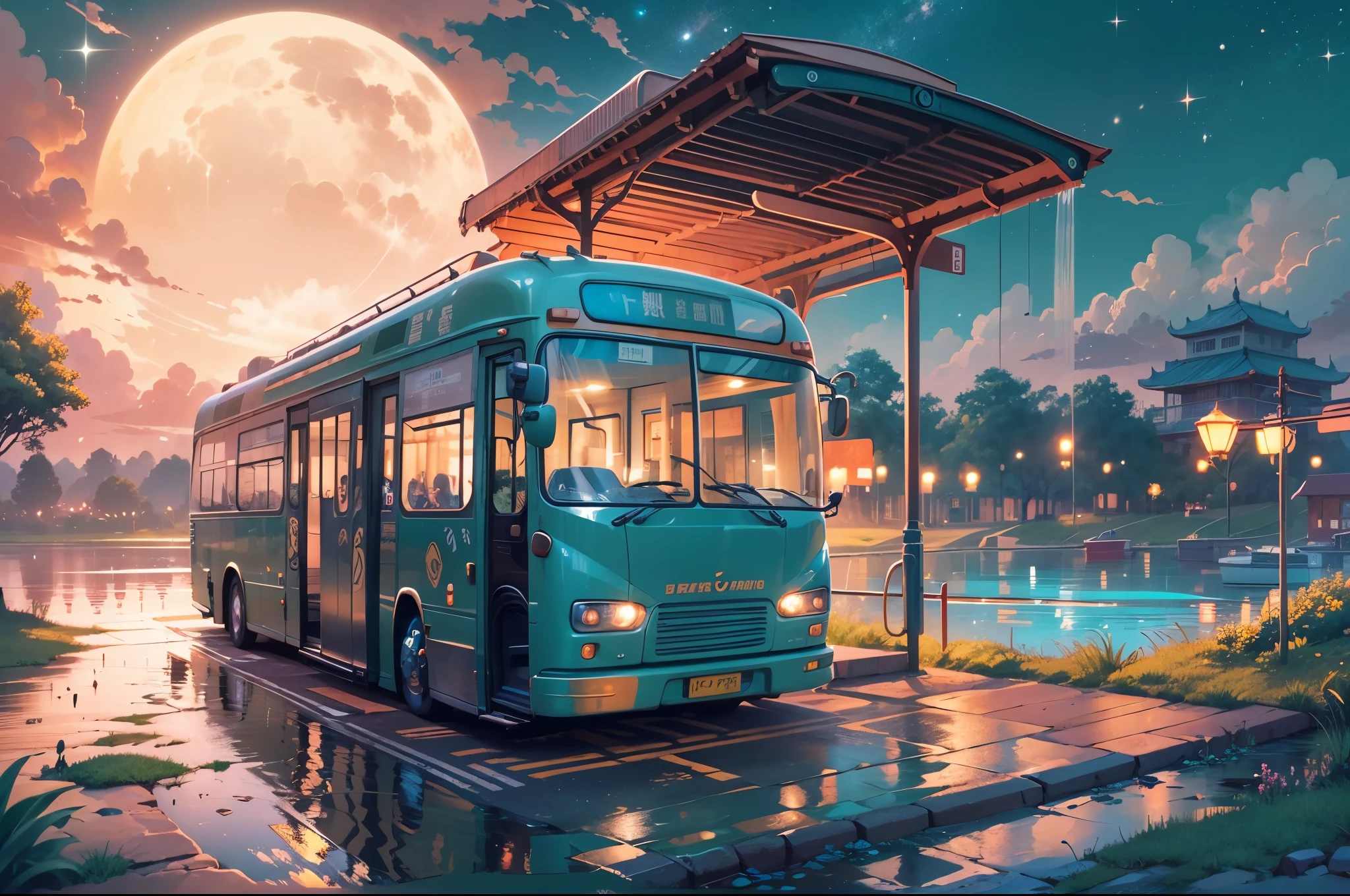 bus stop，comics， bright starry sky. Romantic bus passing through body of water on road，high saturation，Bright colors， Xin Haicheng&#39;s pictures, pure, concept art, Lofi Art style, reflection. author：Xin Haicheng, Lofi Art, Beautiful anime scene, anime scenery, Detailed Landscape—Width 672, Xin Haicheng&#39;s style, Xin Haicheng的風格, Enhance details.