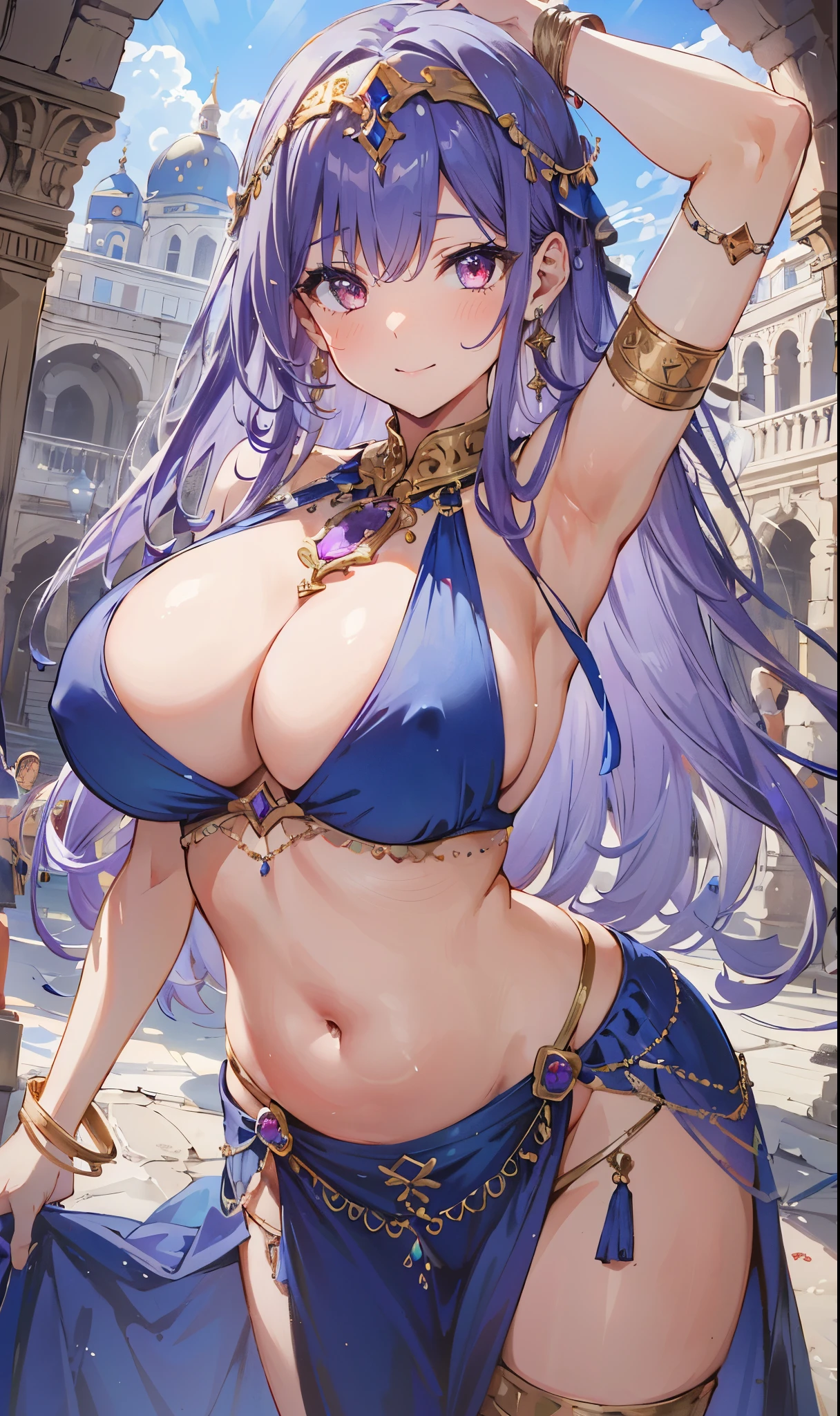 high quality, ultra detailed, best quality, insanely detailed, beautiful, masterpiece, 1girl, plaza, medieval Europe, cowboy shot, red eyes, long hair, light purple hair, (belly dancer, harem outfit, pelvic curtain:1.2), purple costume, bare legs, circlet, earrings, armlets, bracelets, bashful smile, dancing, large breasts, cleavage, soft stomach