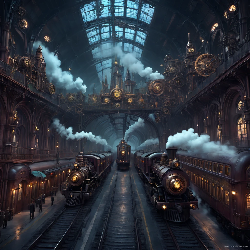 High Resolution, High Quality, Masterpiece. Steampunk Gothic train station digital art, intertwining Harry Potter and Dark Beginnings aesthetics, enveloped by large sculptures reminiscent of Louis Tiffany and Dale Chihuly's glasswork, embellished with steampunk elements like steam hydraulics and gears, gothic ambiance intensified, meticulous hyper-detailing, octane rendering, 32k resolution, outer space elements incorporating vanishing point and impression of a superhighway at high speed, beeple, Noah Bradley, Cyril Rolando, unreal engine masterpiece