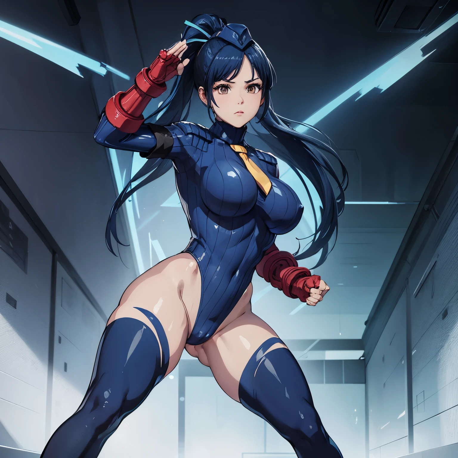 ultra-detailed, Explicit, Beautiful body, Beautiful Nose, Beautiful character design, perfect eyes, perfect face, ultra highres, 4K, beautiful legs, perfect legs, Nice hands, Perfect hand, Masterpiece, Best Quality, Highly detailed, illustration, absurdres, perfect anatomy, street fighter, doll suit, shadaloo doll, dollsuit, expressionless, blank eyes, looking at viewer, red gloves, emotionless, black latex, corrution, mind control, female combatant, full body, hypnotized, unhappy trance, full body suit, ribbed bodysuit, both arms at side, obey, perfect female body, extremely glossy latex, hypnosis, hypnoLora, empty eyes, Mind control device, poses, submissive_pose, Slave, standing straight, standing, standing at attention, hat, necktie, belt, latex, ribbed bodysuit, thighhighs, garter belt, Fighting Stance, extending the right arm from the shoulder into the air with a straightened hand, military, thigh boots, (((pixel-perfect, detail-perfect))), solo, 1girl, hair ornaments,  long hair, blue hair, ponytail, hair ribbon,  brown eyes, Tsuruga Ami, Megami no Cafe Terrace, huge breast, 