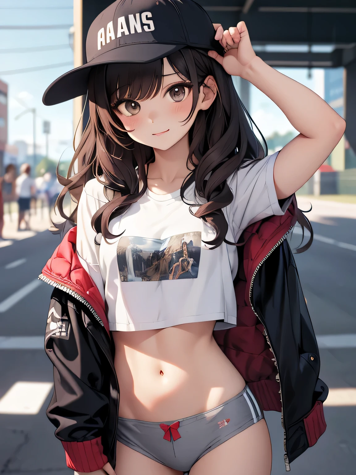 stylish design, masterpiece, highest quality, pixiv, kind girl, the strongest sports girl, baseball cap, Stylish sunglasses, Just cute underwear, dark brown hair, curly hair, dull bangs, straight bangs, gray eyes, white skin, gal, Improve
