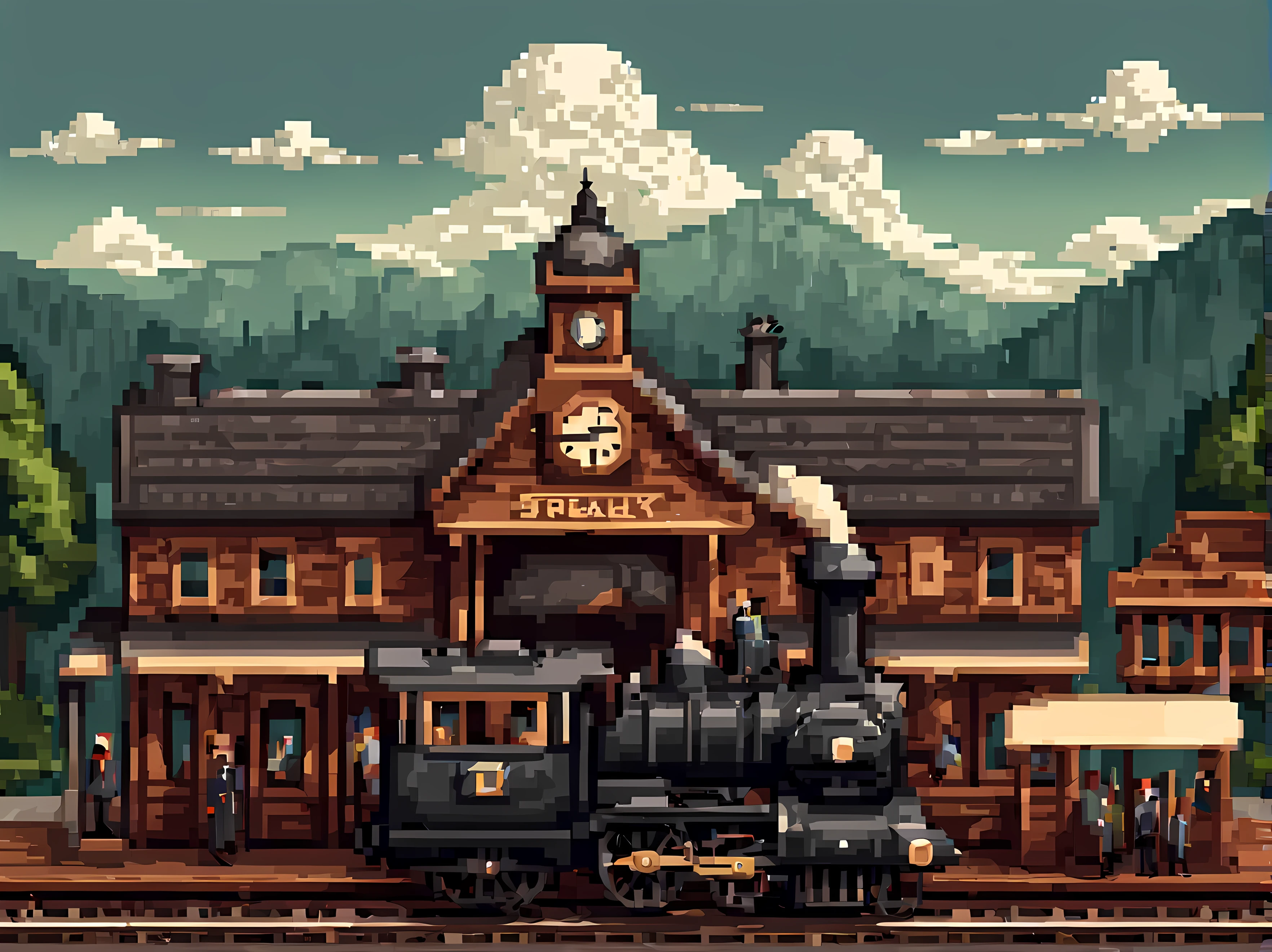 Pixel art, a captivating scene of a vintage train station with an old-fashioned steam locomotive, the Victorian-era architecture, wooden platform, a beautiful backdrop with rolling hills, passengers boarding the train, nostalgic ambiance, masterpiece in maximum 16K resolution, superb quality. | ((More_Detail))