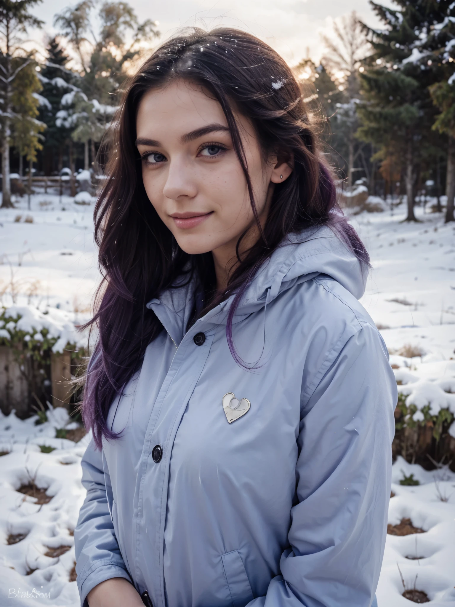 wide establishing shot, 25 year old girl, one girl, smiling, side view perspective, ultra realistic, Kodak look, 165cm tall, low contrast, filmgrain, in snowy field, snow, cold lighting, blue lighting, wearing purple winter jacket, winter clothing, morning, high cheek bones, big dark blue eyes, shoulder long hair, lilac pastel colored hair, lilac hair, freckles on face, slim waist, safe for work