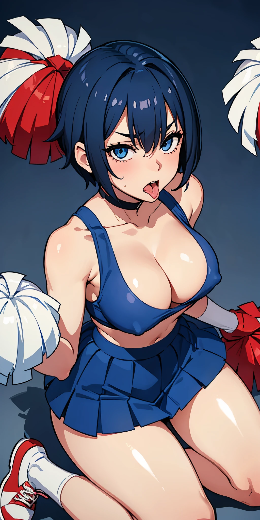 cheerleader, short blue hair, blue eyes, perfect body, slim waist, big tits, deep cleavage, thick thighs, very short miniskirt, red socks, white shoes, holding pom-poms, horny expression, gorgeous, shy, sweaty, kneeling, tongue sticking out, eyes looking up, open mouth