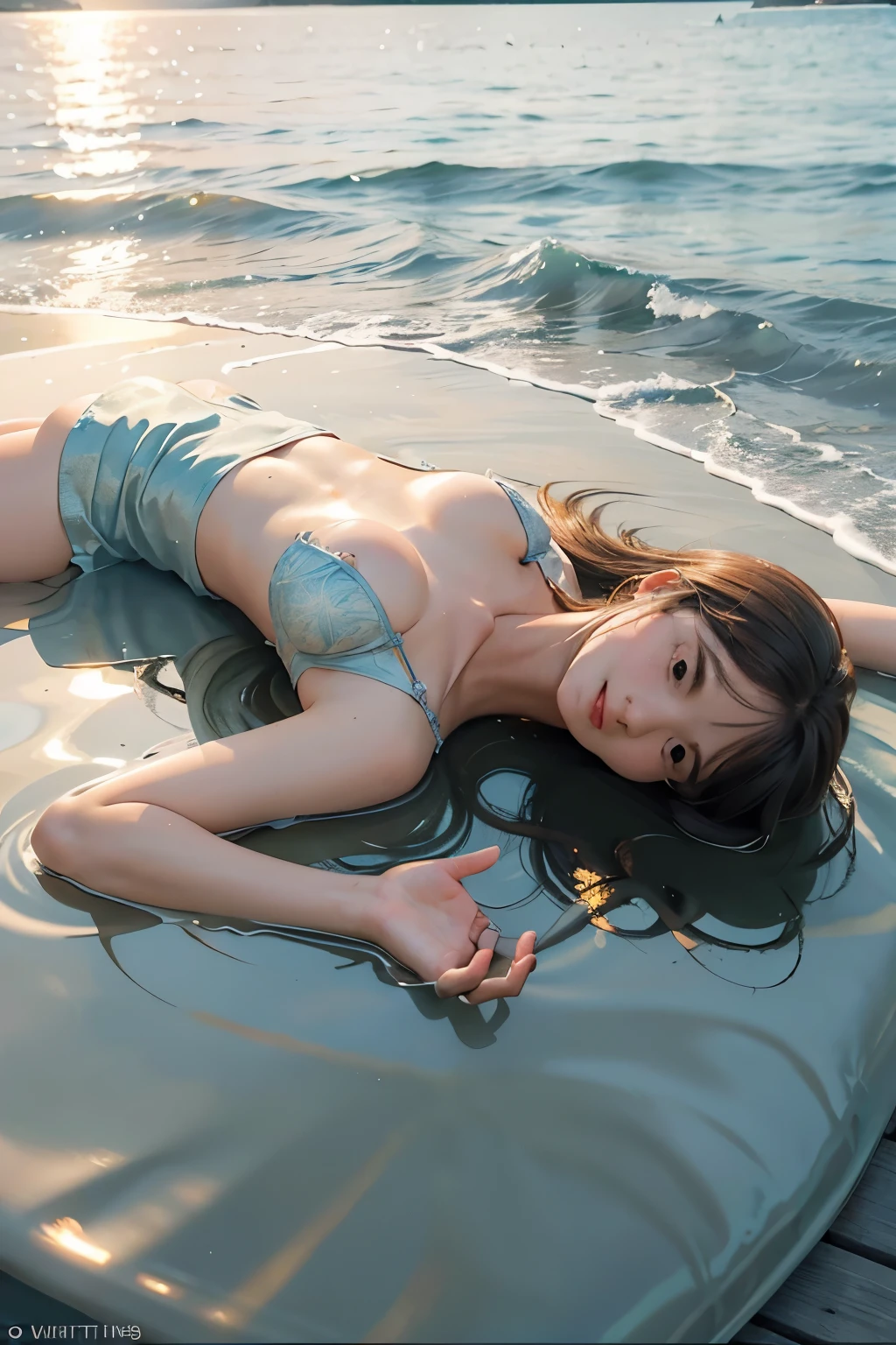Masterpiece, highest quality, high resolution, serene scene, sun setting over the tranquil sea, golden rays illuminating the water, reflecting off the rippling waves, calm and peaceful atmosphere, sun's glowing orb sinking into the horizon, azure water shimmering in the sunlight, gentle breeze creating small waves, realistic texture and coloring, authentic reflection effects, detailed clouds forming intricate patterns, immersive and breathtaking view, sunlight refracting through the water, warm and inviting ambiance.