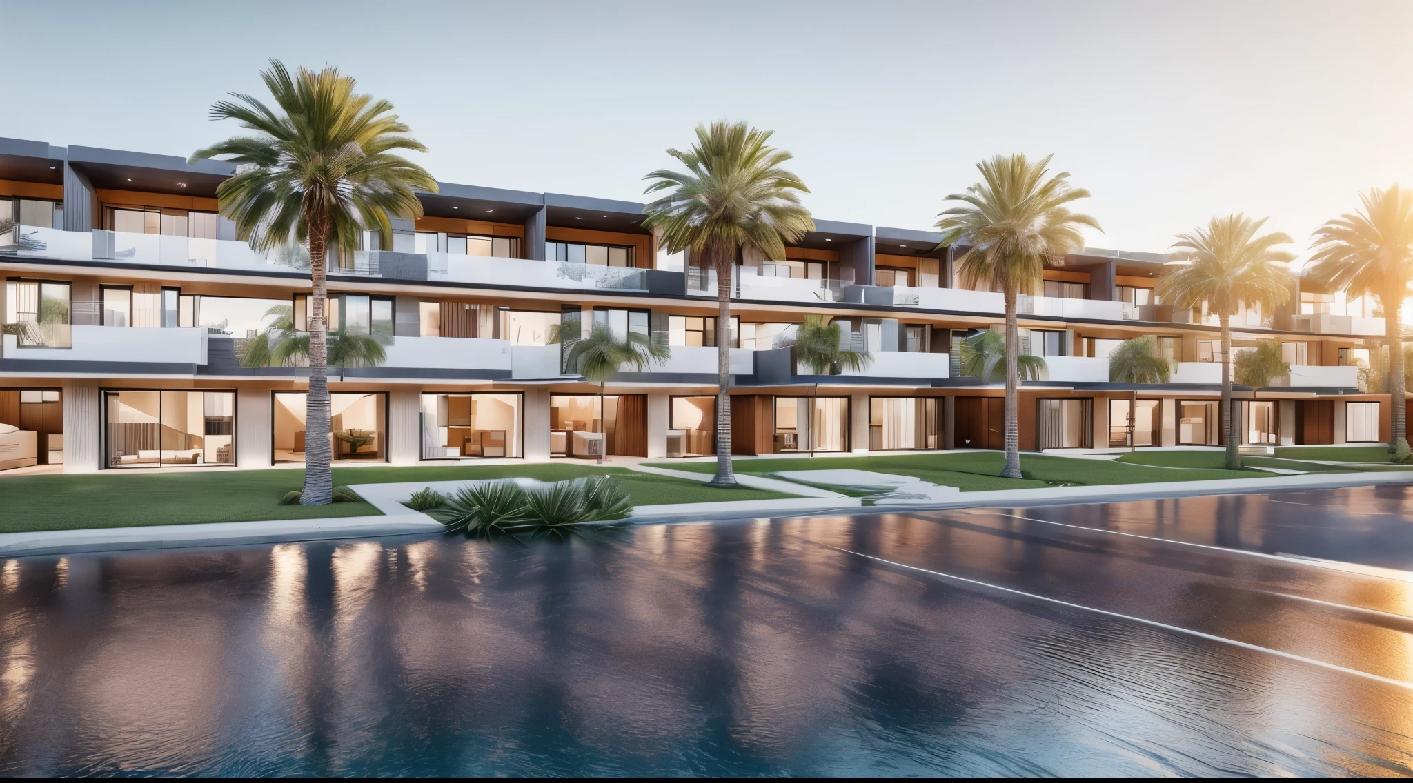 RAW photo,Masterpiece, high quality, best quality, authentic, super detail,sun light from the left,rendering of a row of apartment buildings with palm trees in front, residential, street level view, architectural rendering, 3d rendering, 3 d rendering, architectural render, rendering, front perspective, ground view, exterior view, professional render, high quality rendering, frontview, digital rendering, final render, building facing, front facing shot, new modern, perspective view,,(((summer))),beautiful sky, (high detailed :1.2), 8k uhd, dslr , high quality, film grain, Fujifilm XT3 ,innovative page design,render((( Vray:1.1)))