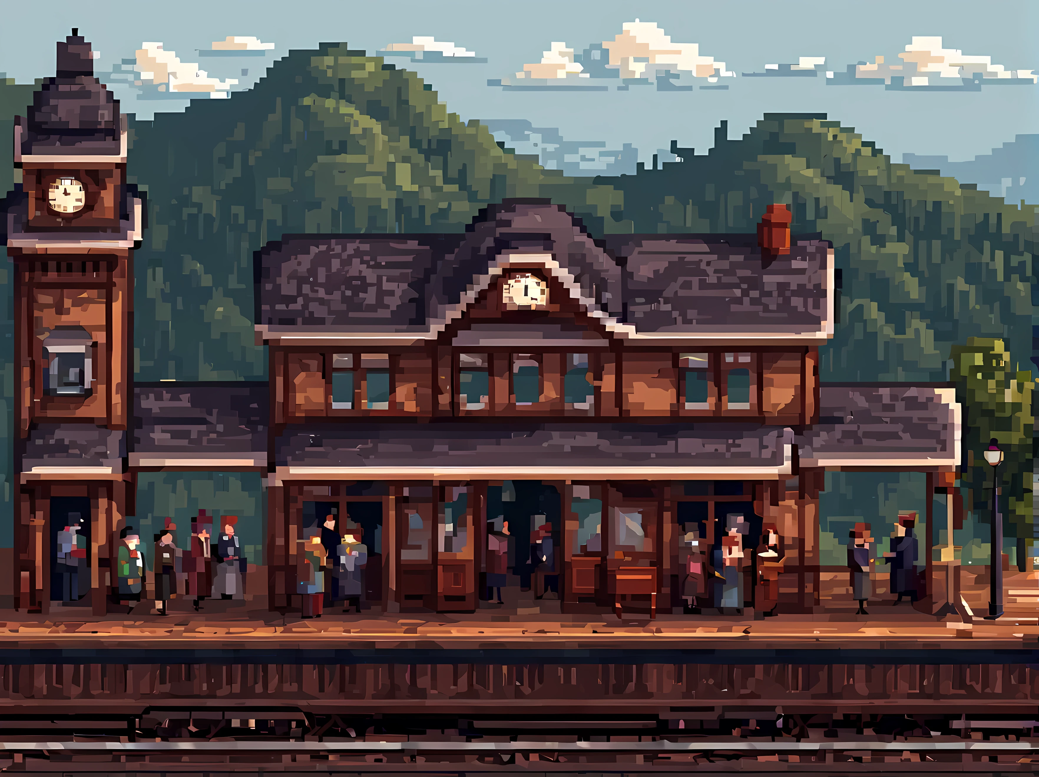 Pixel art, a captivating scene of a vintage train station, the Victorian-era architecture, wooden platform, a beautiful backdrop with rolling hills, passengers boarding the train, nostalgic ambiance, masterpiece in maximum 16K resolution, superb quality. | ((More_Detail))