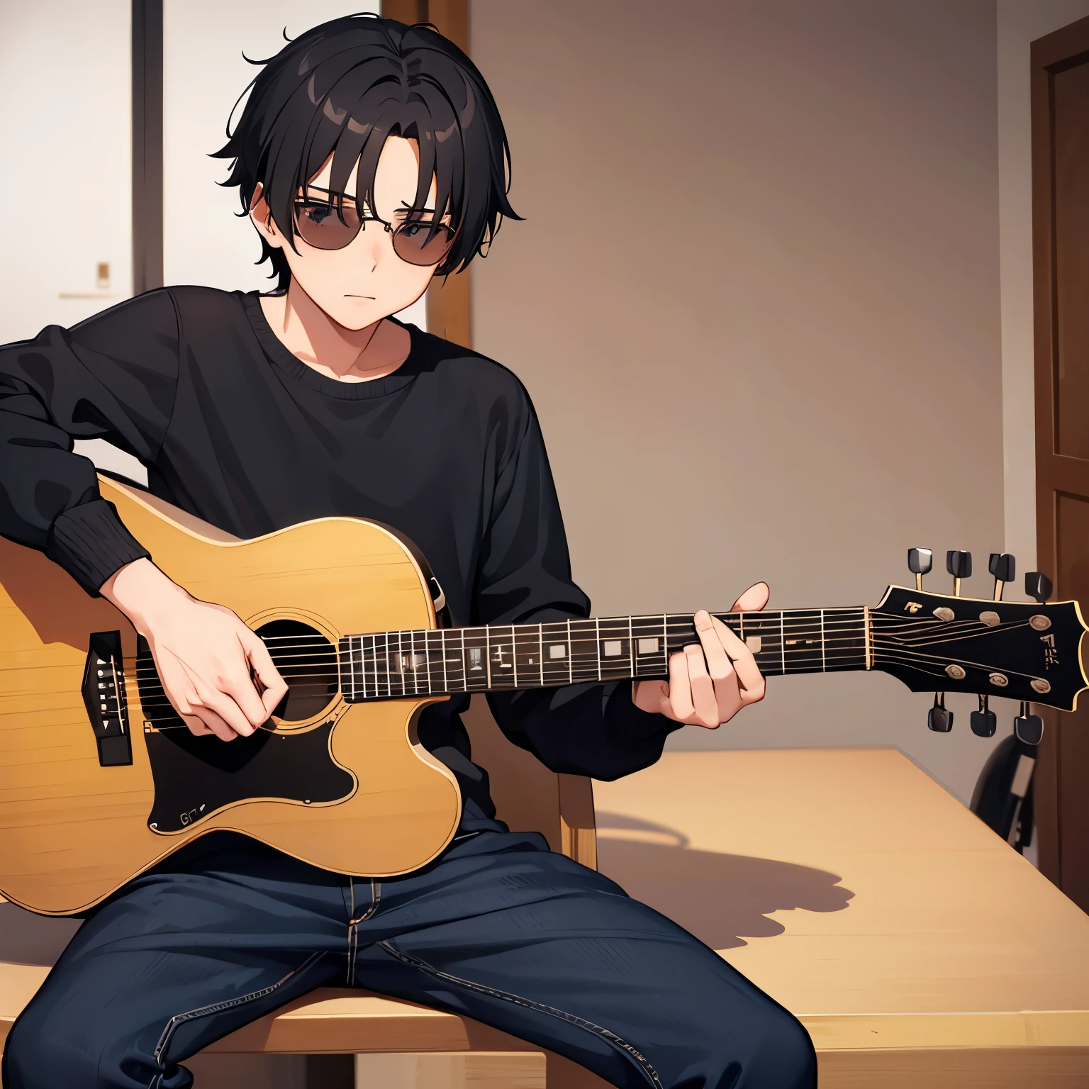 1 boy anime, with dark glasses, short black hair, age 15, with a guitar, a little thin, a mole on his forehead
