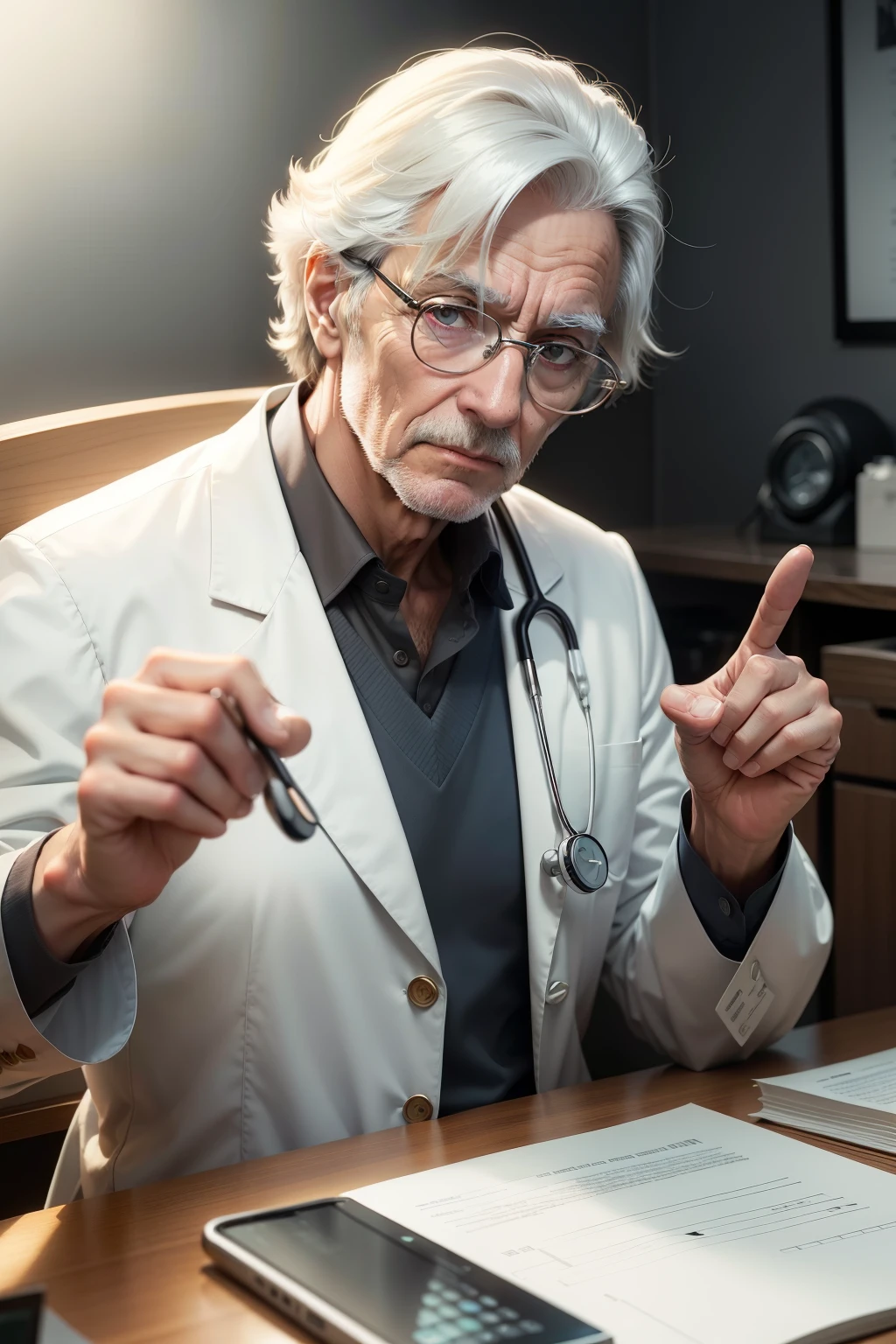 65 year old male doctor, sitting at a nearby table, white coat dress and stethoscope, Good looking, holding a pair of glasses with one hand and the other hand pointing forward with the index finger.

Your face is defiant. 
He is inside an ophthalmologist&#39;s office. 
The style is a realistic photograph taken in daylight using a 35mm lens in 4k, super detalhada, contraste aplicado, with direct beta lighting. -- ar 9:16 -- 
