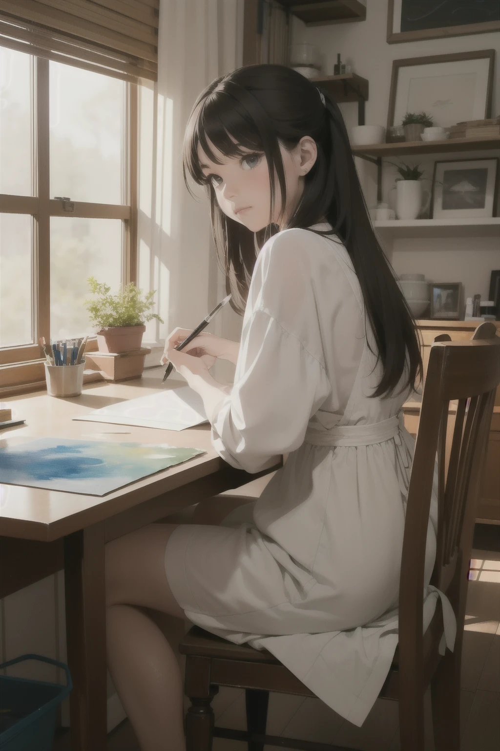 Masterpiece, mid-resolution, amateur art, 1 person, watercolor painting, lazy artist, color testing, personal growth --s2
In a cozy, cluttered studio filled with the seductive scent of paint and wet brushes, an artist leans back in her chair, contentedly surveying the half-finished watercolor scene before her. The image, though far from perfect, represents a labor of love and a testament to her burgeoning artistic abilities. With brush strokes tenderly applied, she experiments with hues, adding vibrant colors to the otherwise plain watercolor paper. This unpolished yet charming creation serves as a reminder of her progress, nurturing the lazy artist
