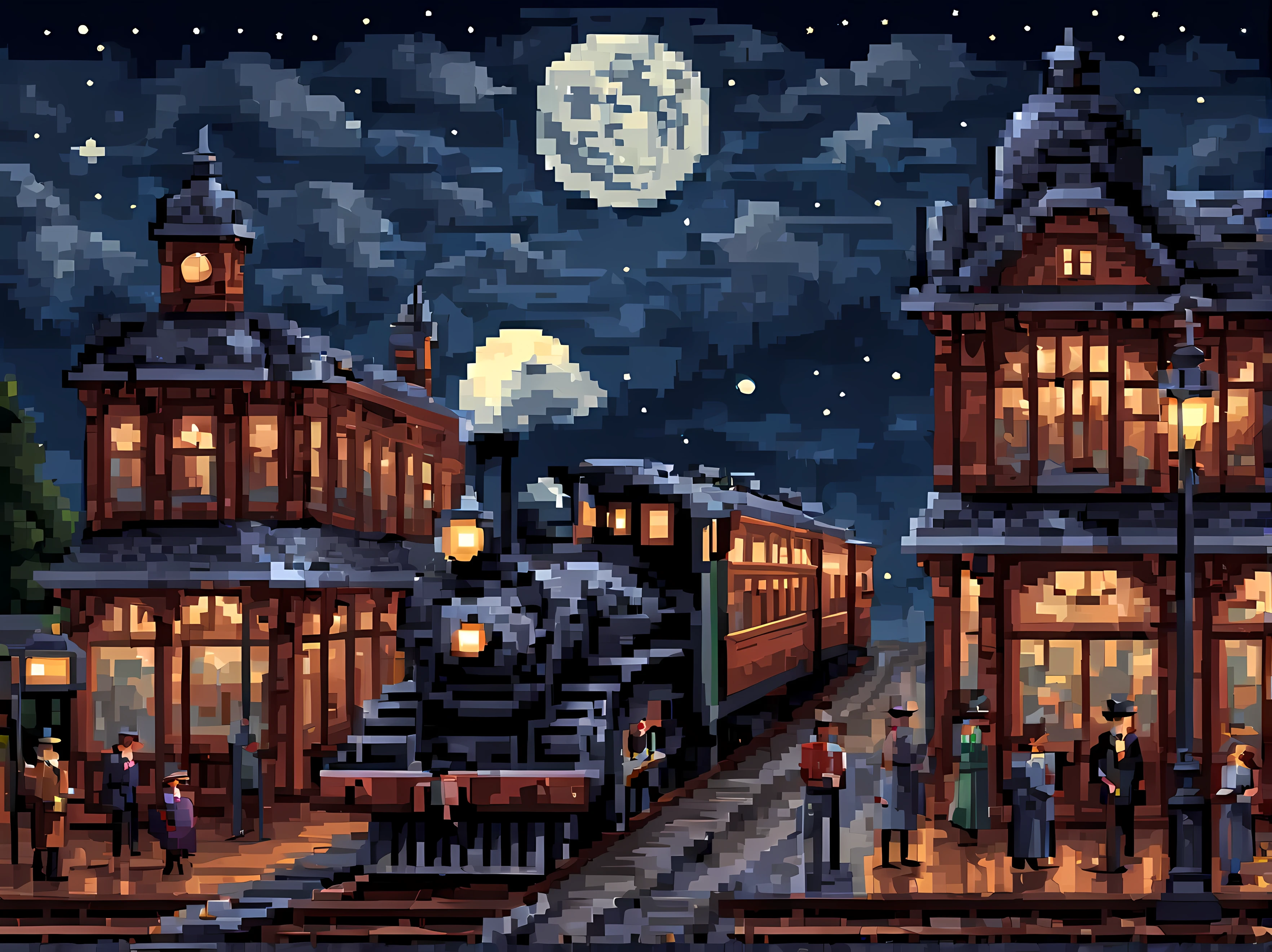 Pixel art, a captivating scene of a vintage train station with an old-fashioned steam locomotive, at starry night with a full moon, the Victorian-era architecture, wooden platform, a beautiful backdrop with rolling hills, passengers boarding the train, nostalgic ambiance, masterpiece in maximum 16K resolution, superb quality. | ((More_Detail))