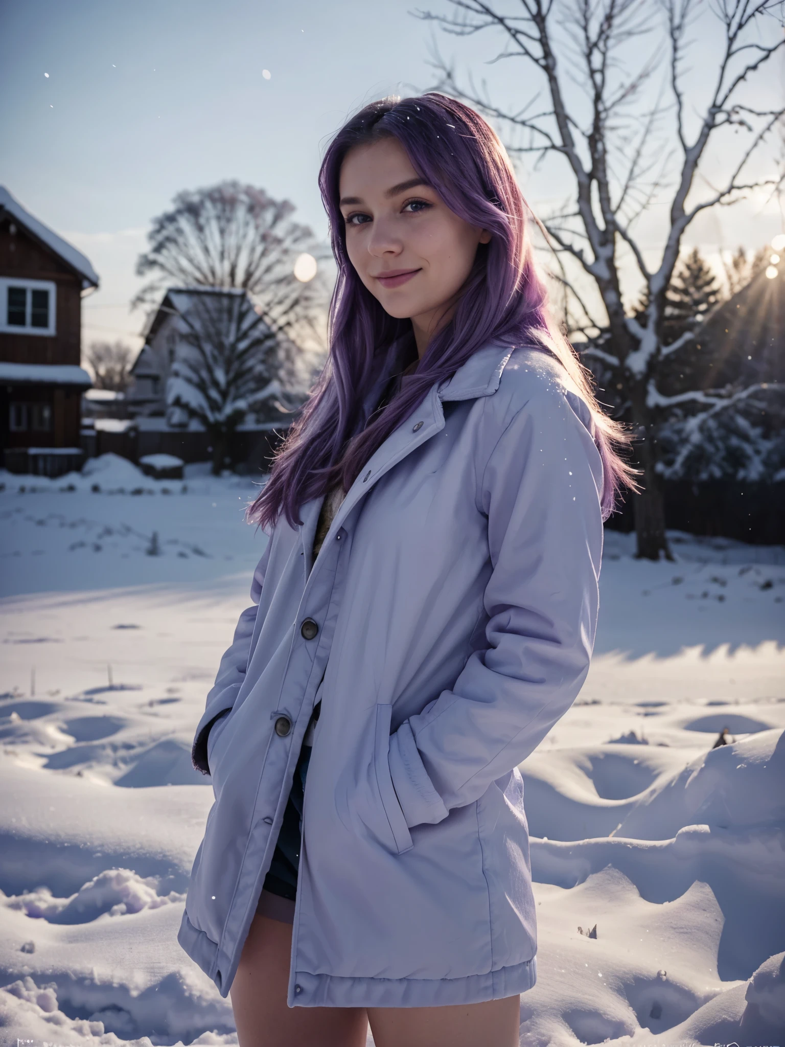wide establishing shot, 25 year old girl, one girl, smiling, side view perspective, ultra realistic, Kodak look, 165cm tall, low contrast, filmgrain, in snowy field, snow, cold lighting, blue lighting, wearing purple winter jacket, winter clothing, morning, high cheek bones, big dark blue eyes, shoulder long hair, lilac pastel colored hair, lilac hair, freckles on face, slim waist, safe for work
