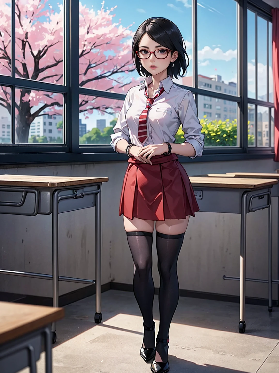 ((1girl, solo ,alone, Sarada Uchiha, short hair, ((dark eyes, bracelets, ruby earrings, black eyes, glasses, small , standing)), uchiha sarada)), ((solo, 1woman, pink lipstick, Extremely detailed, ambient soft lighting, 4k, perfect eyes, a perfect face, perfect lighting, a 1girl)), austere, (((JC girl, hands on waist, school uniform, socks Thigh High), school uniform, dress shirt, white shirt, red striped tie, low heels, long socks, black socks, school, classroom, red skirt, skirt)), ((classroom background, window, garden, cherry blossoms, flowers, open windows))