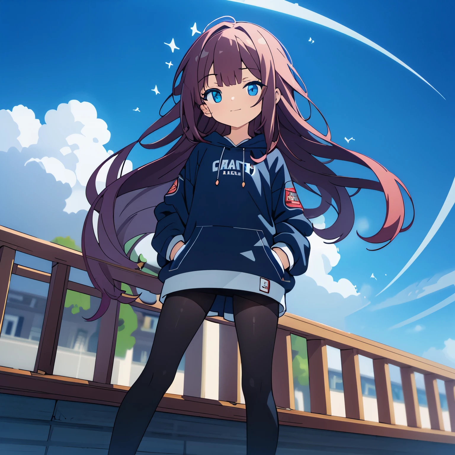 anime style characters。A girl with long chestnut brown hair and blue eyes.、Wears casual blue long hoodie clothes。There is one stupid hair on my head that bounces up and down.。wearing black pantyhose、I'm wearing loafers。I&#39;m a short and  college student.。Smiling kindly。The background is simple white to emphasize the character。Please make it into a deformed illustration。