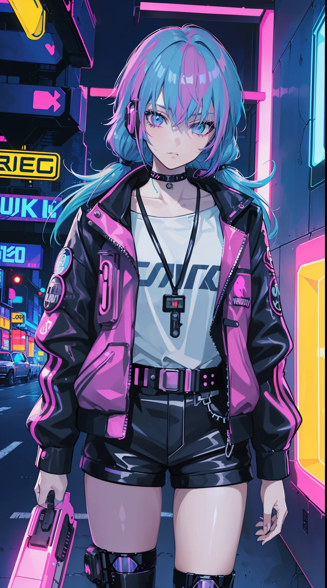 ((rainbow hair)),(cyberpunk), bright lighting, masterpiece,1girll, ((short twintails)), ((-yeld fee model)), (((cowboy shot))), (((retro neon art))),(80's aesthetic:1.1),((neons:0.8)). 2D, ((neon lighting)), futuristic vibe, (jacket), detailed eyes
