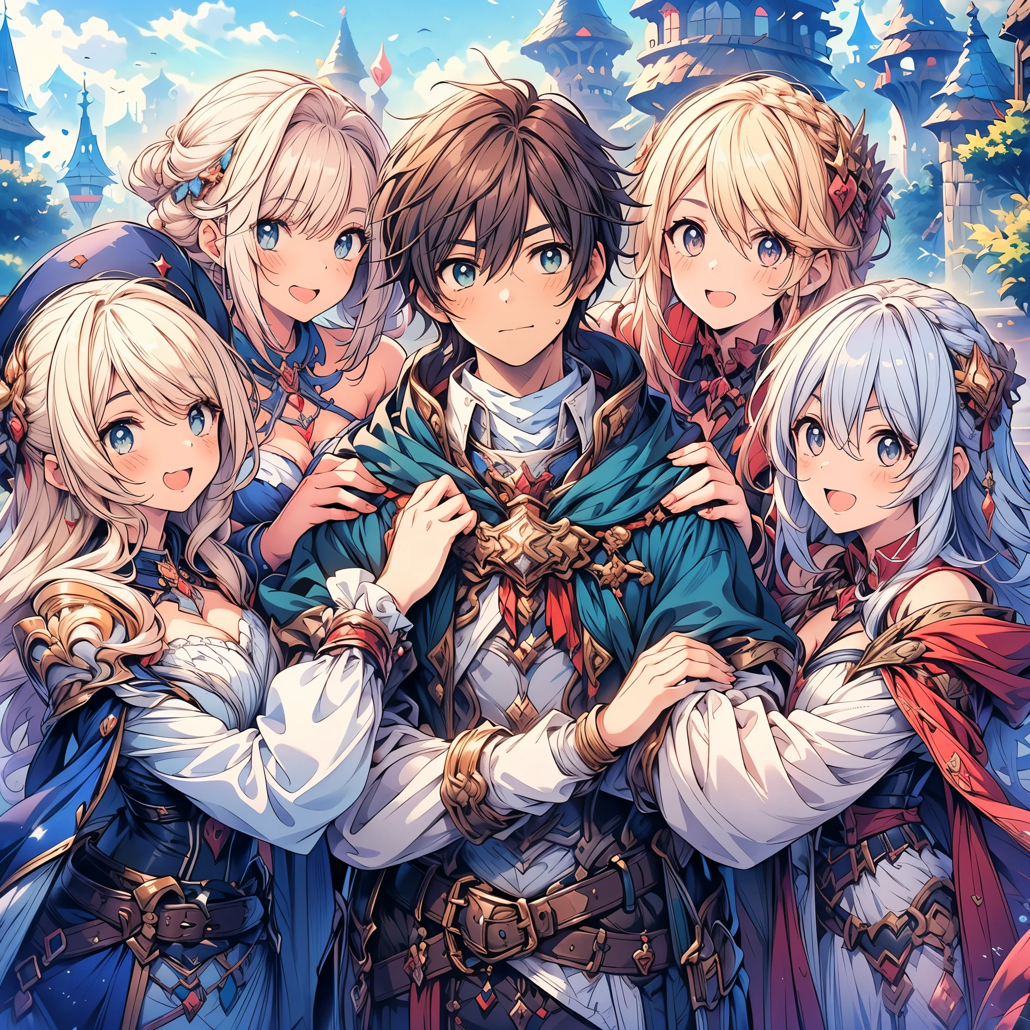 (masterpiece), best quality, In fantasy word, There are 5 different characters, ((4 pretty lady in different type of job and different hair style and different hair color embracing a youth boy)), they hugging together, smirk_boy, colorful, smile, background is a castle